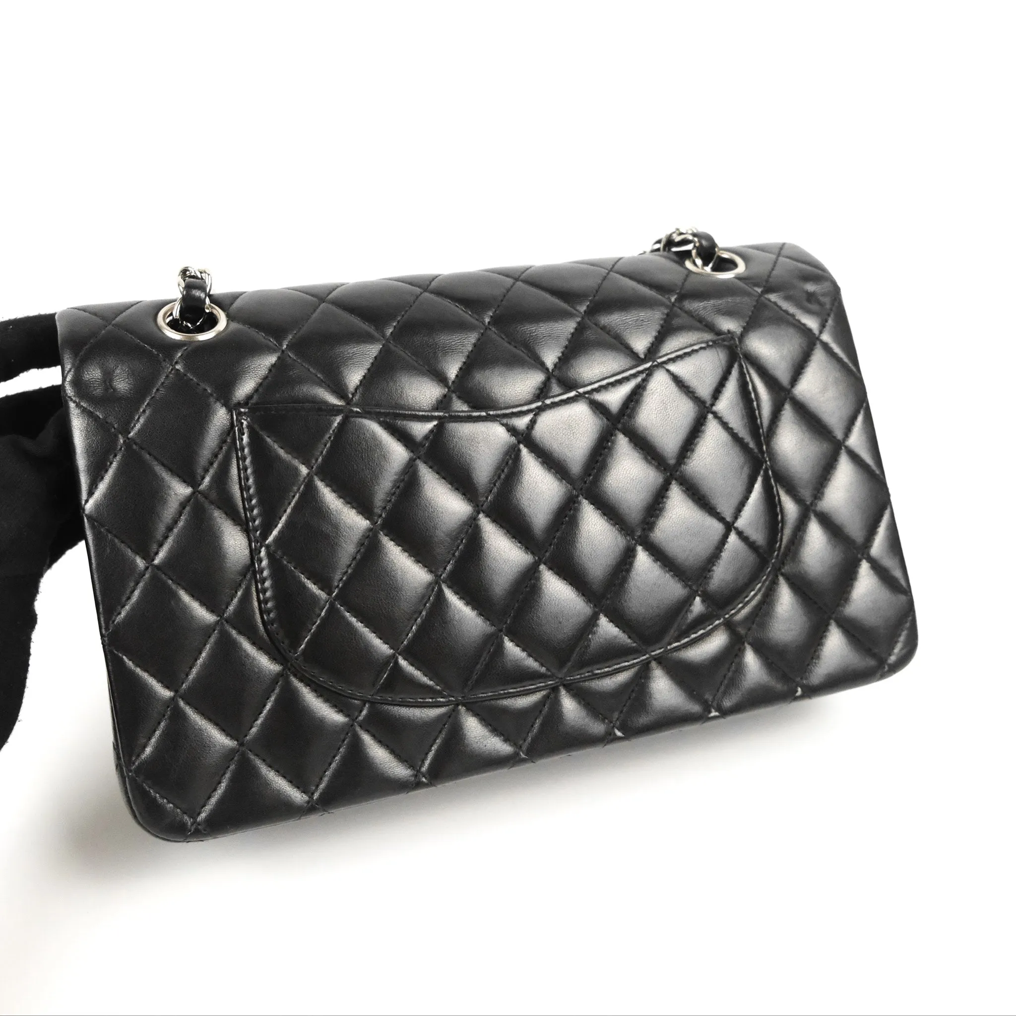 Chanel Classic M/L Medium Flap Quilted Black Lambskin Silver Hardware