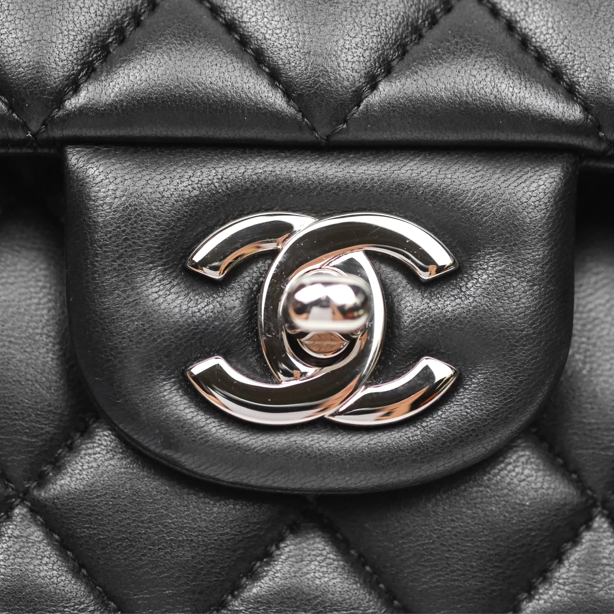 Chanel Classic M/L Medium Flap Quilted Black Lambskin Silver Hardware