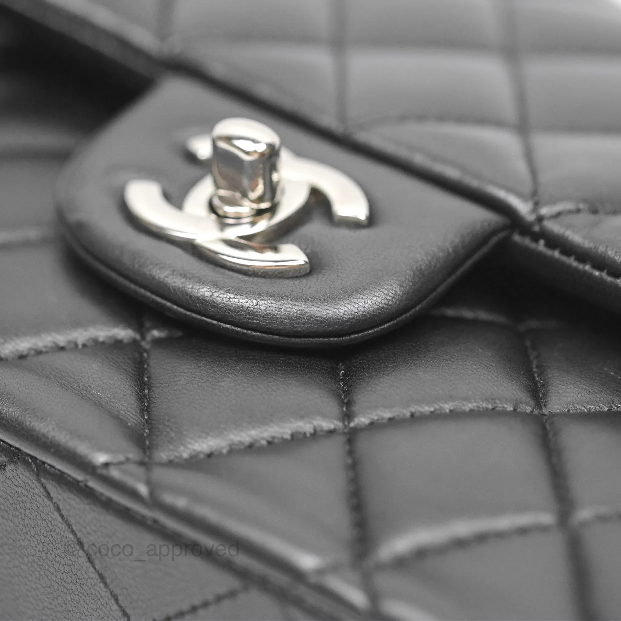 Chanel Classic M/L Medium Flap Quilted Black Lambskin Silver Hardware
