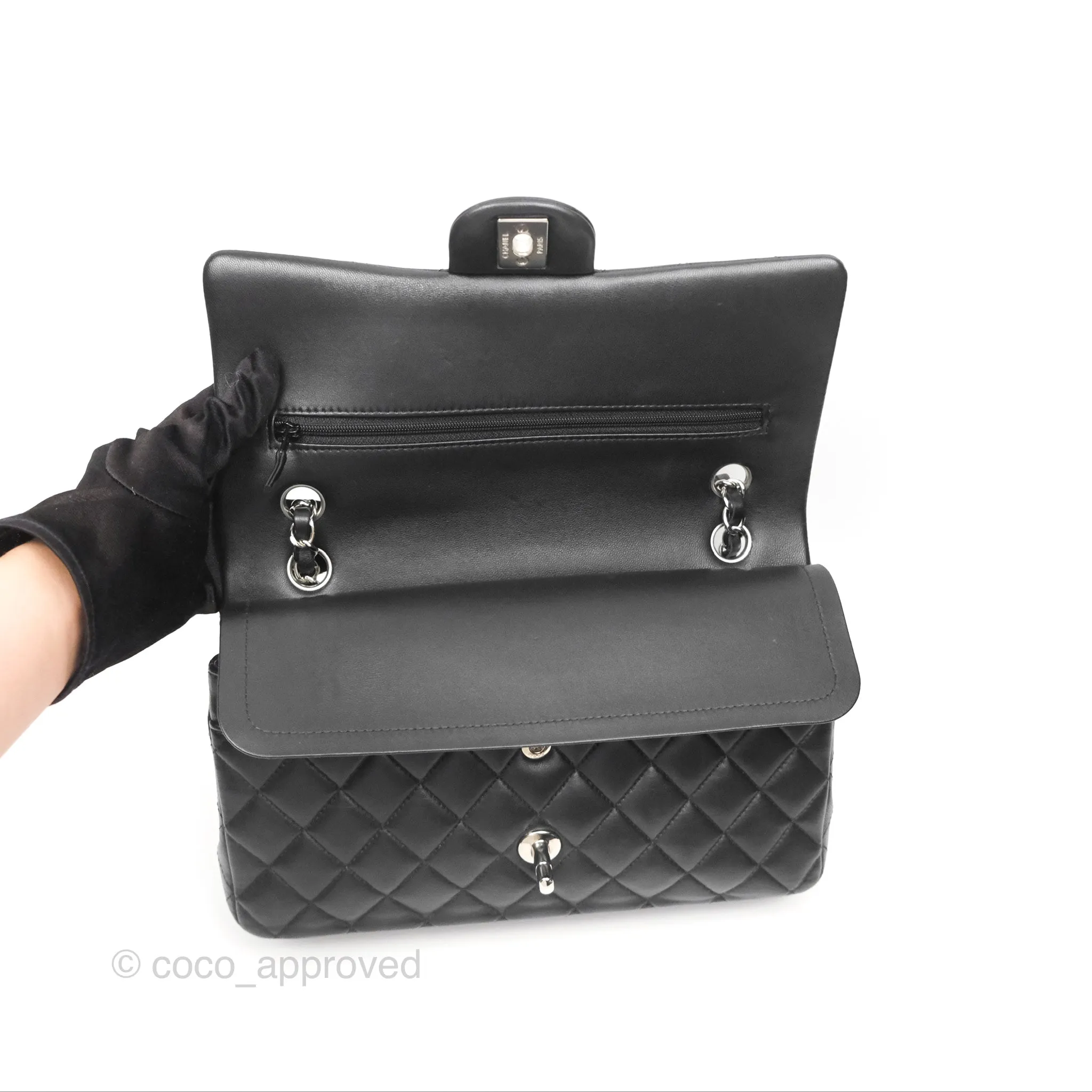 Chanel Classic M/L Medium Flap Quilted Black Lambskin Silver Hardware