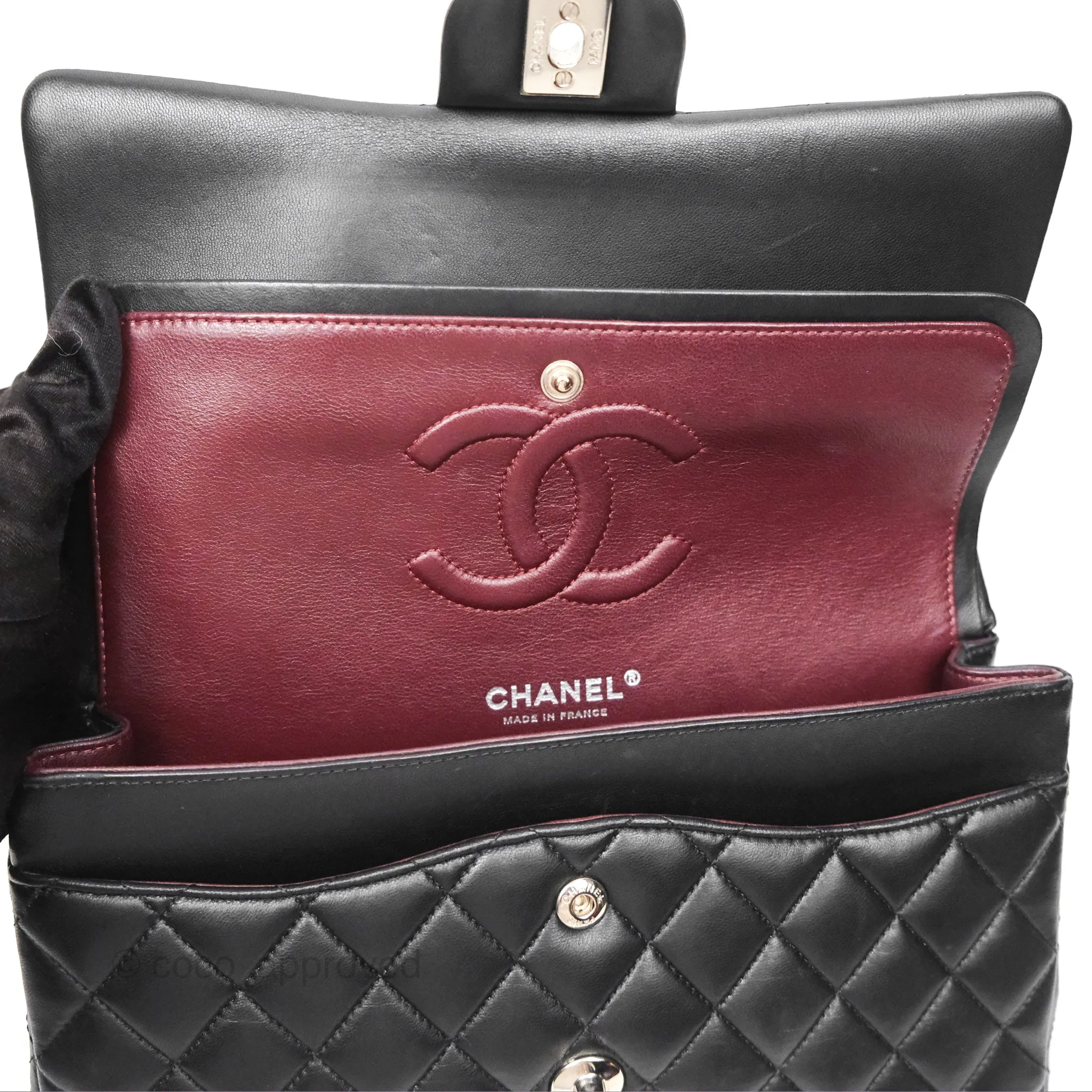 Chanel Classic M/L Medium Flap Quilted Black Lambskin Silver Hardware