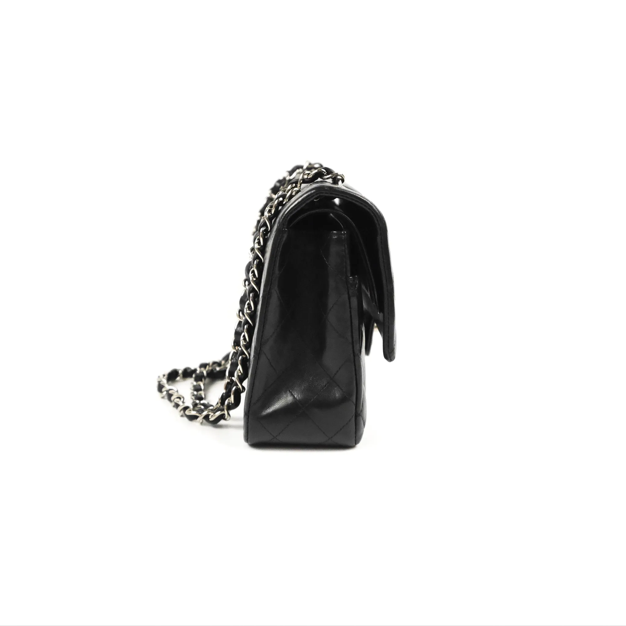 Chanel Classic M/L Medium Flap Quilted Black Lambskin Silver Hardware