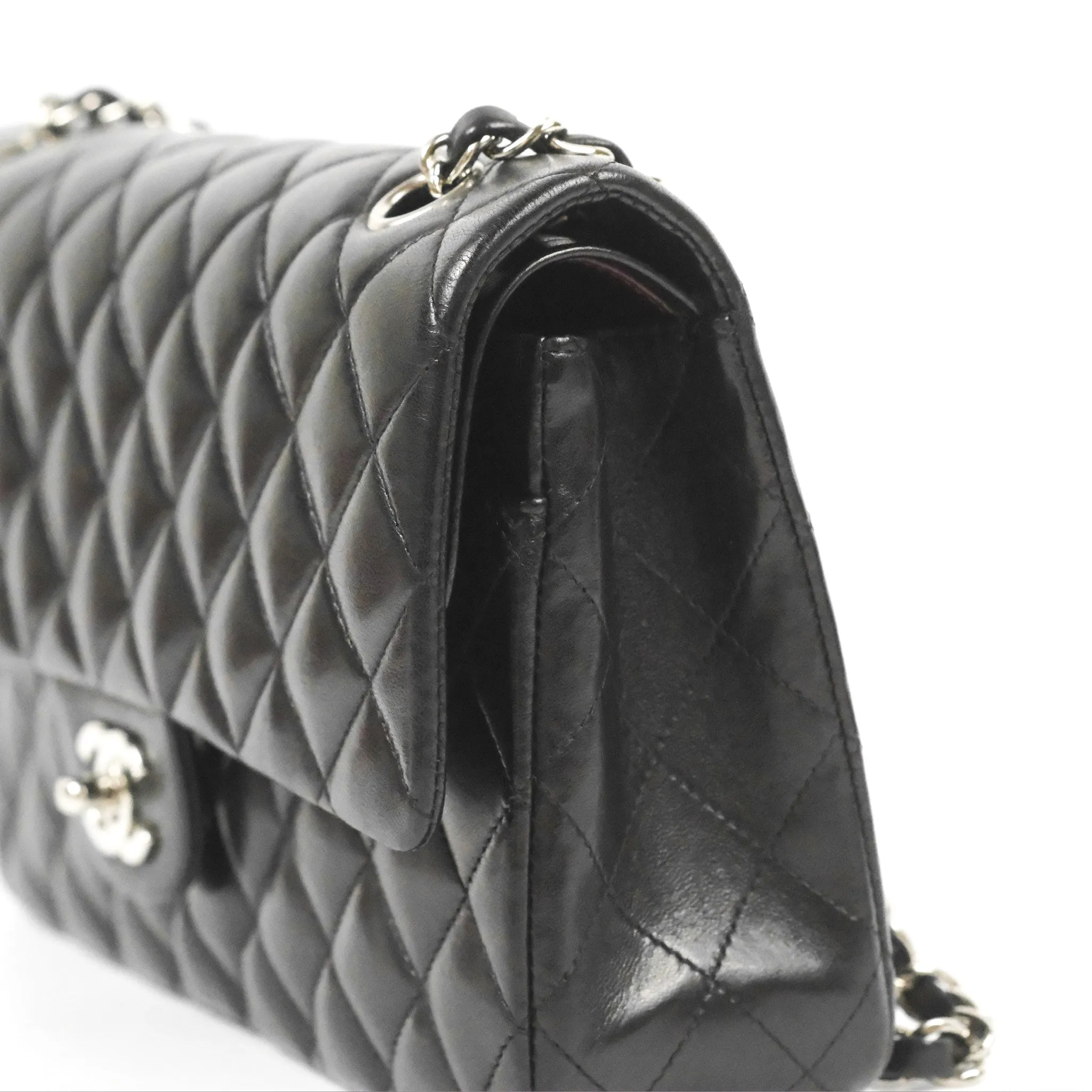 Chanel Classic M/L Medium Flap Quilted Black Lambskin Silver Hardware