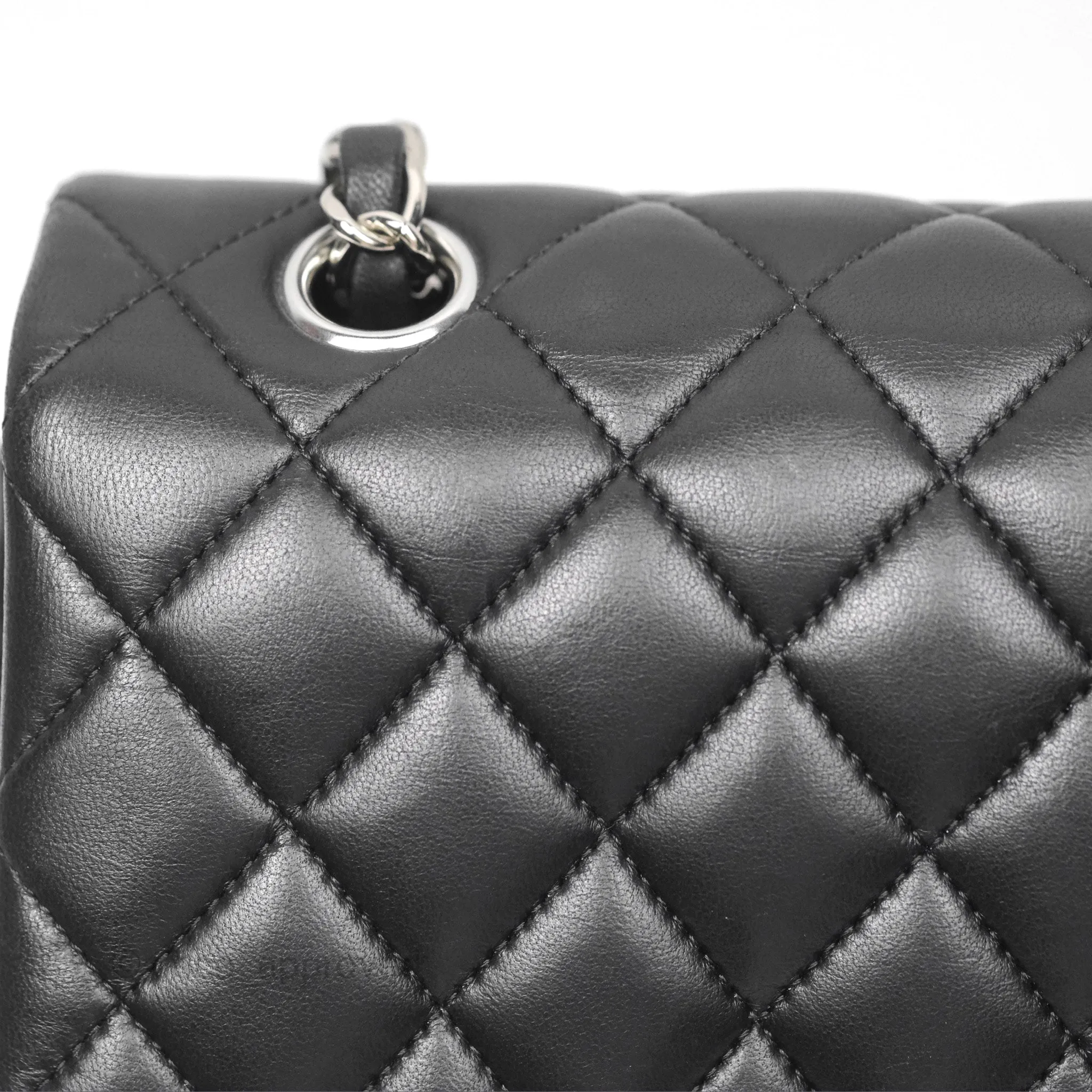 Chanel Classic M/L Medium Flap Quilted Black Lambskin Silver Hardware