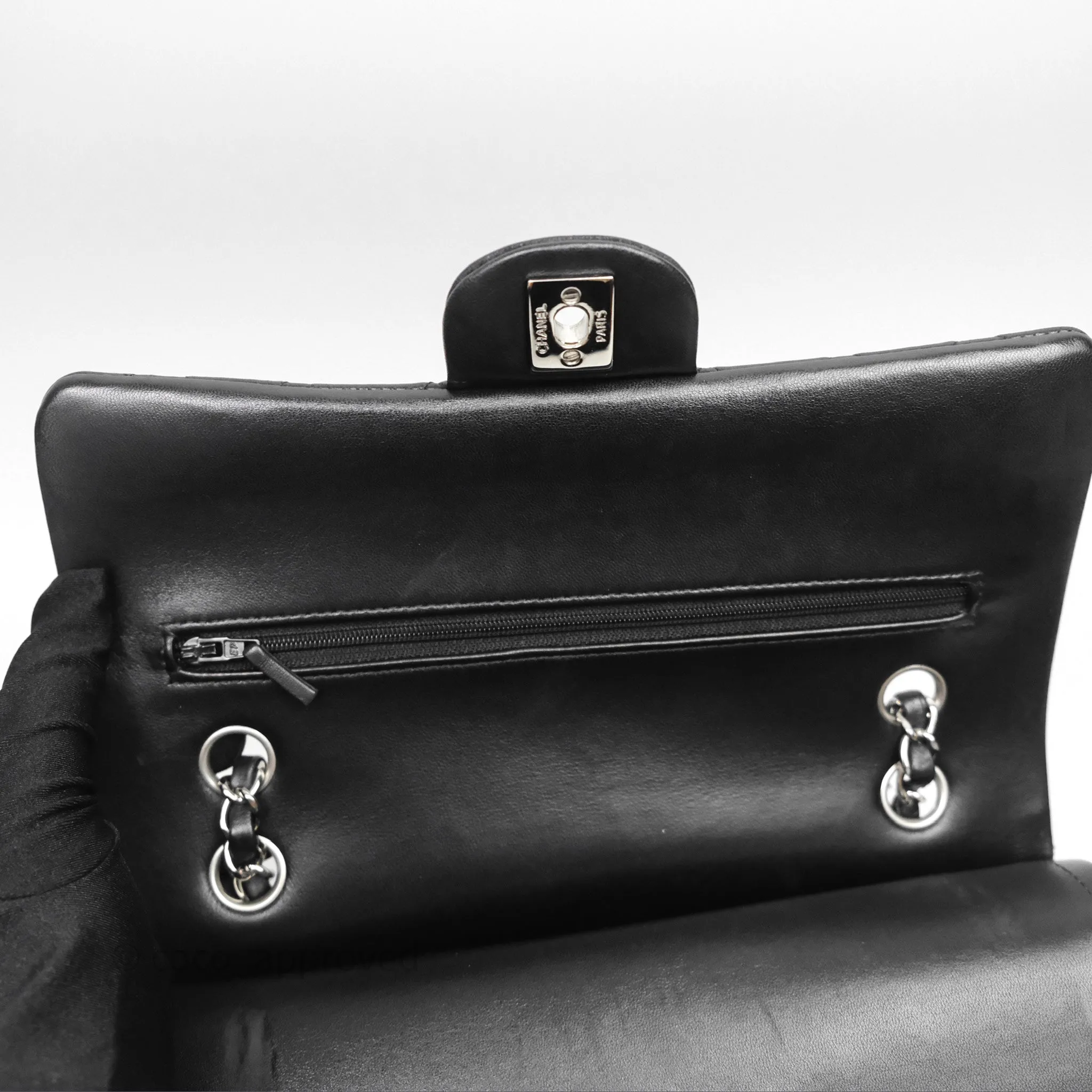 Chanel Classic M/L Medium Flap Quilted Black Lambskin Silver Hardware