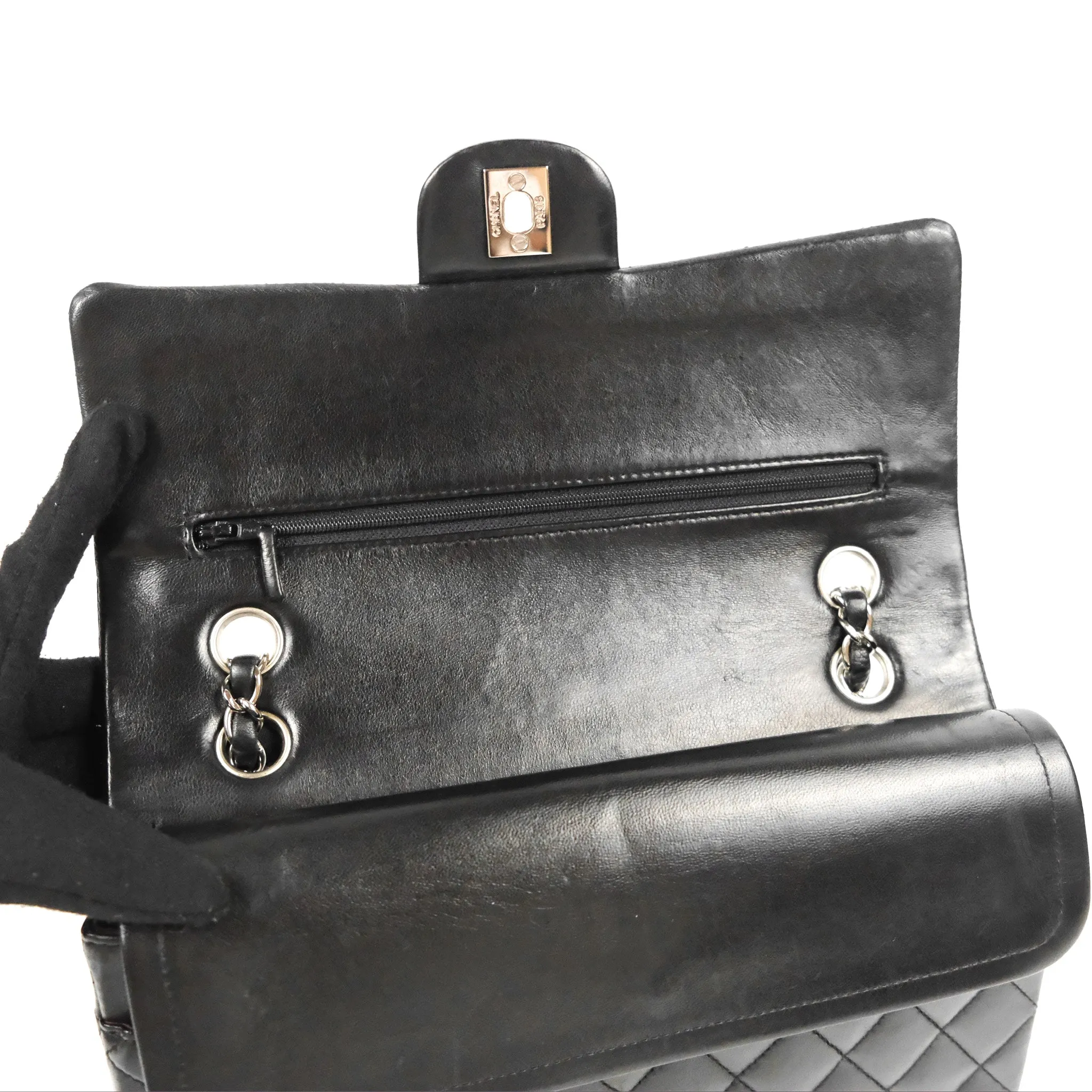 Chanel Classic M/L Medium Flap Quilted Black Lambskin Silver Hardware
