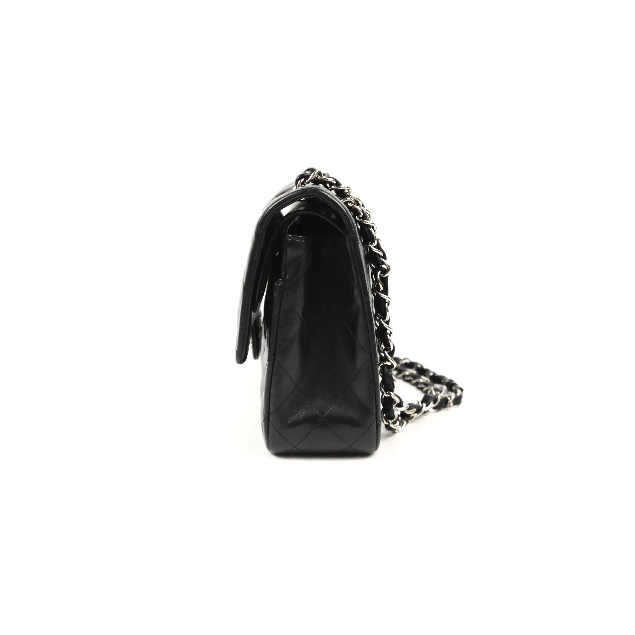 Chanel Classic M/L Medium Flap Quilted Black Lambskin Silver Hardware