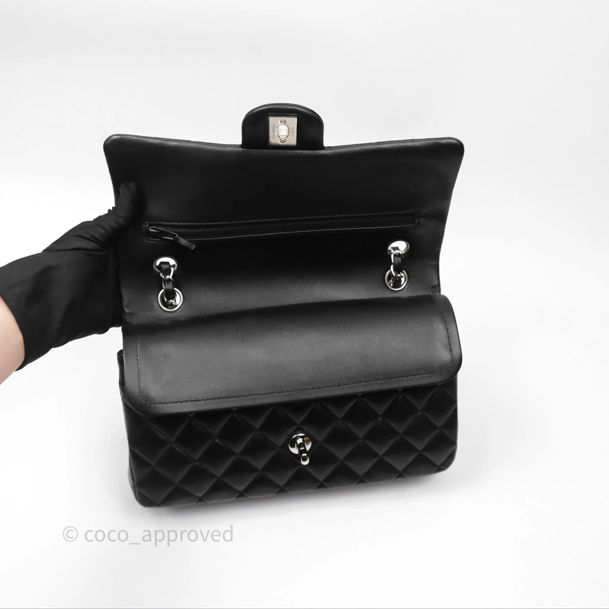 Chanel Classic M/L Medium Flap Quilted Black Lambskin Silver Hardware