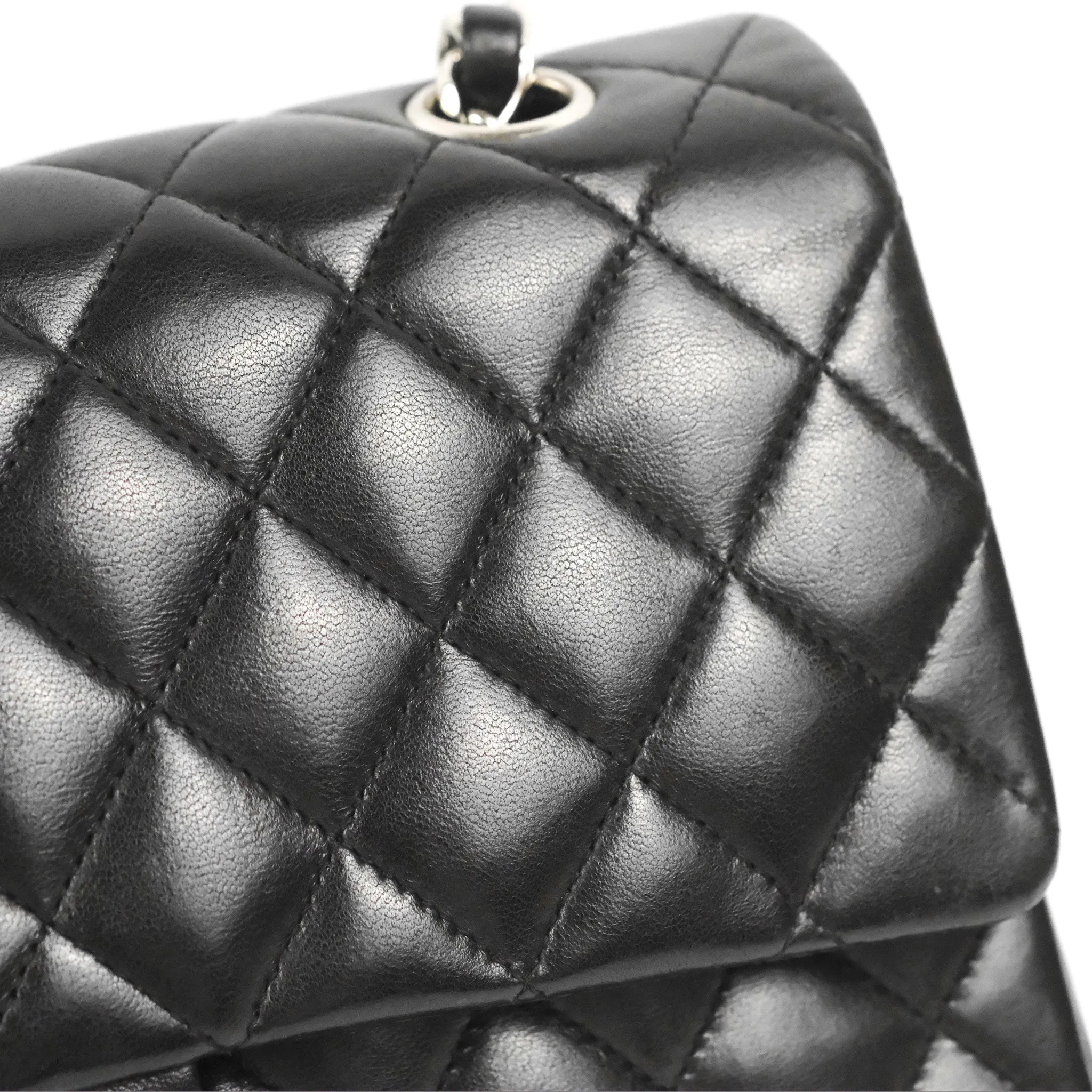 Chanel Classic M/L Medium Flap Quilted Black Lambskin Silver Hardware