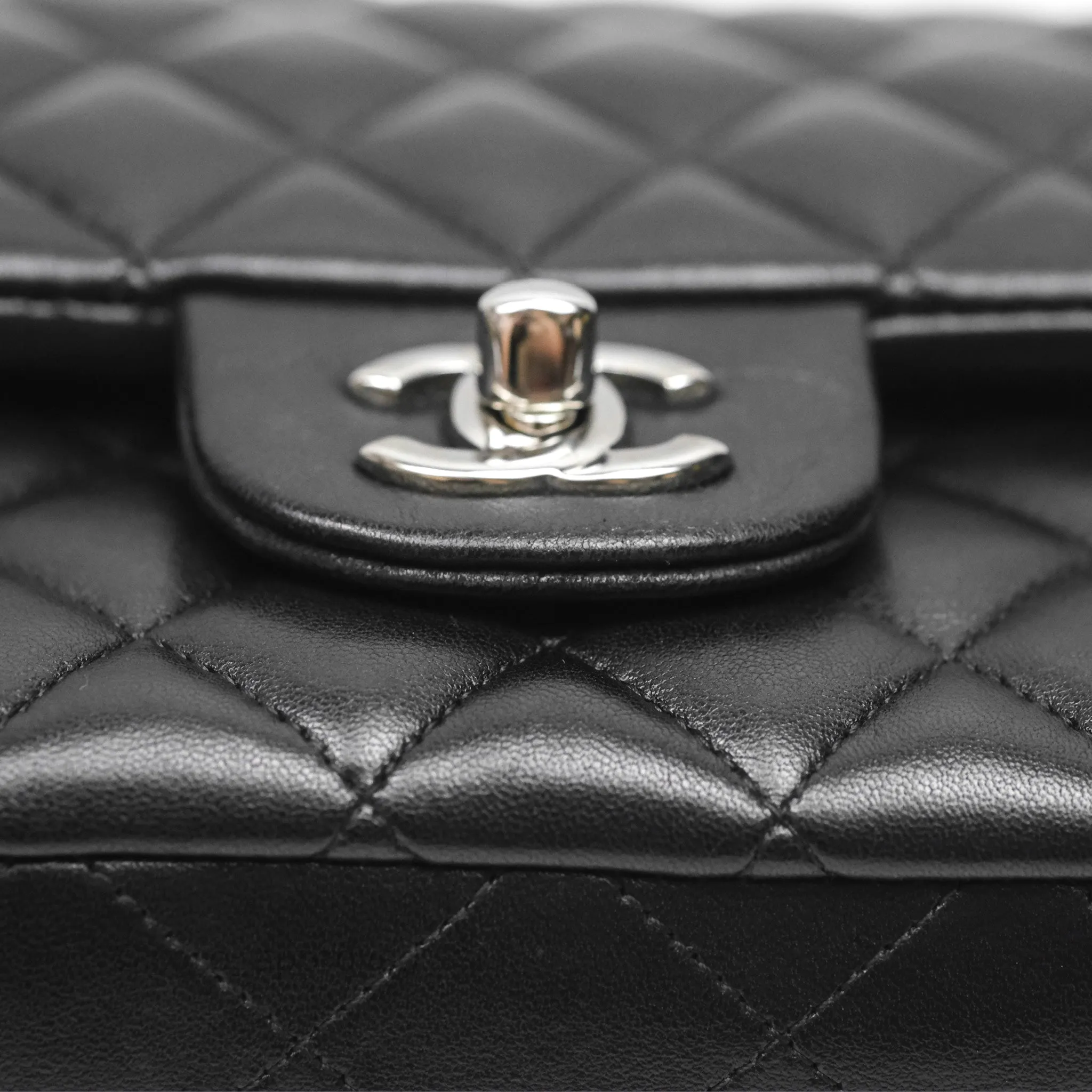 Chanel Classic M/L Medium Flap Quilted Black Lambskin Silver Hardware
