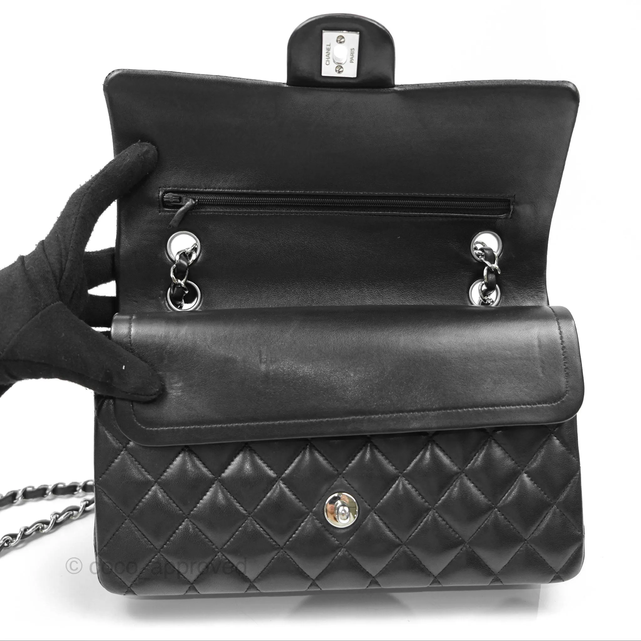 Chanel Classic M/L Medium Flap Quilted Black Lambskin Silver Hardware