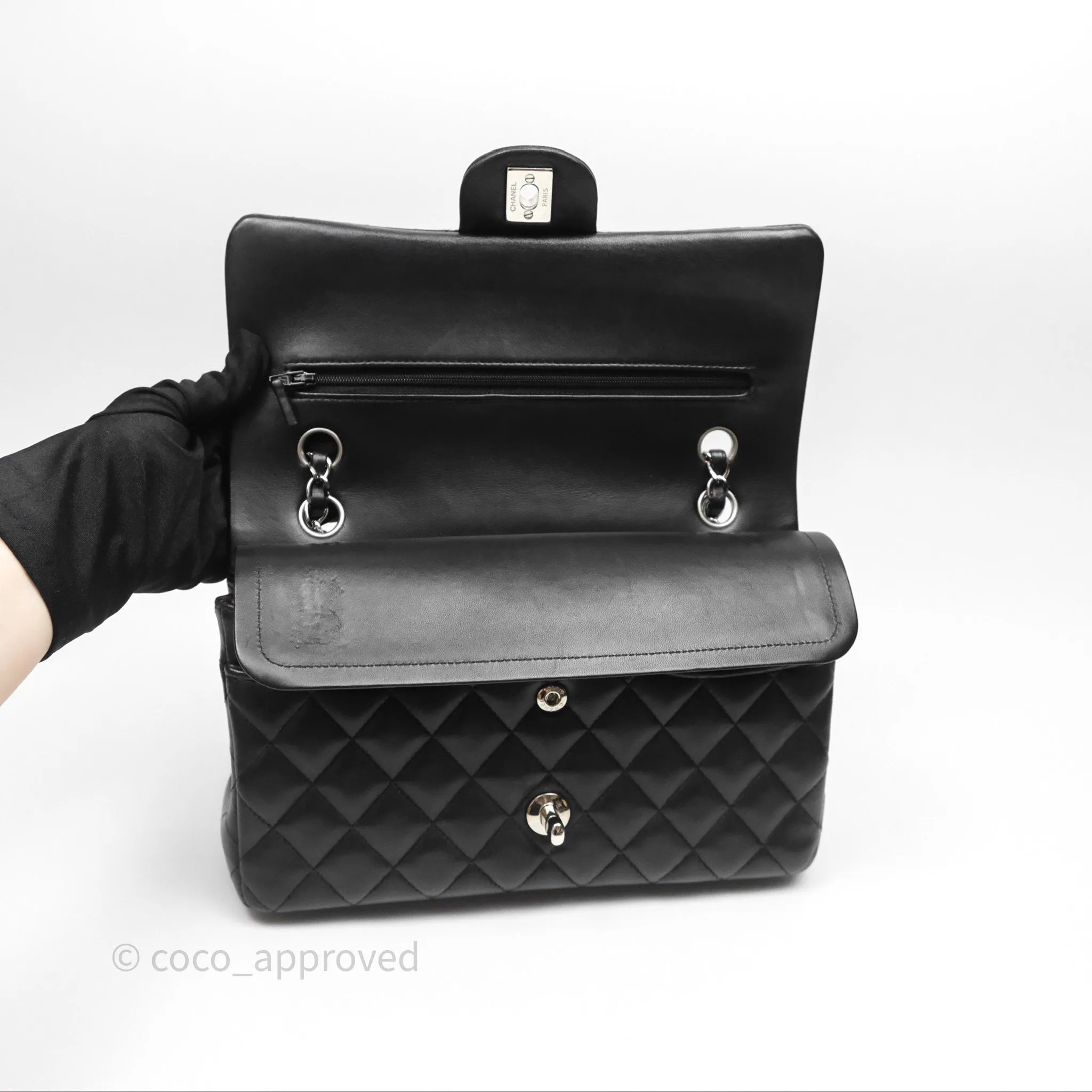 Chanel Classic M/L Medium Flap Quilted Black Lambskin Silver Hardware