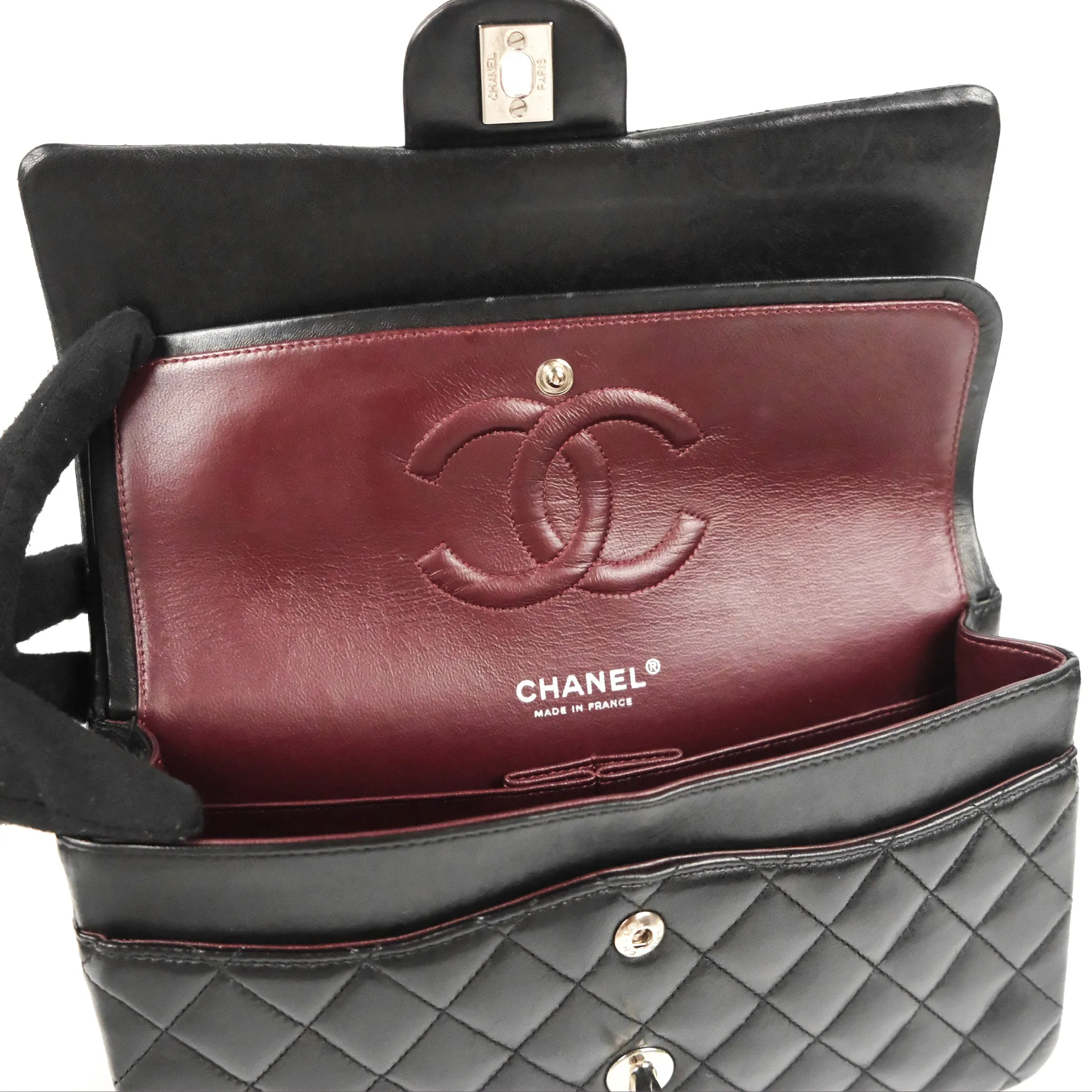 Chanel Classic M/L Medium Flap Quilted Black Lambskin Silver Hardware