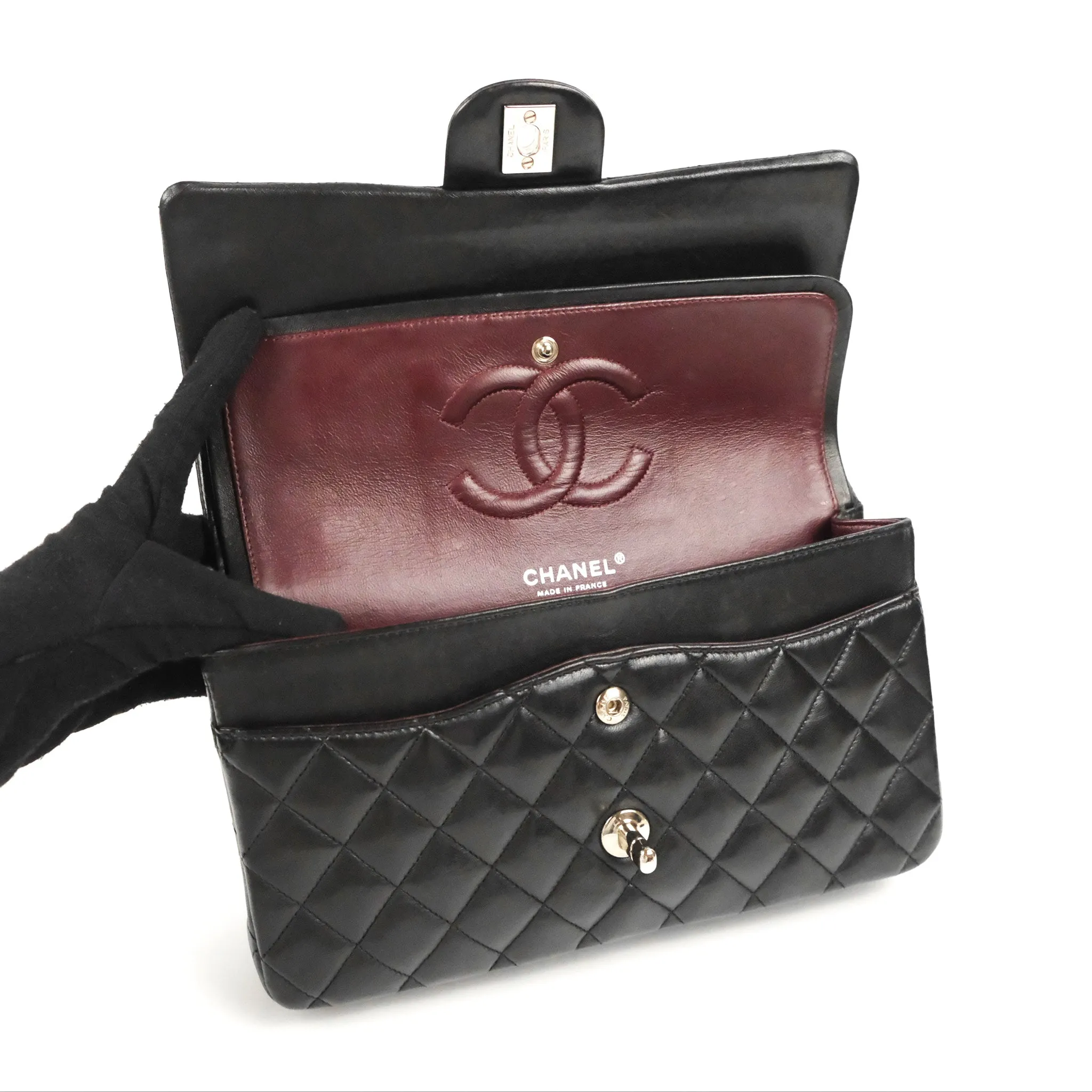 Chanel Classic M/L Medium Flap Quilted Black Lambskin Silver Hardware