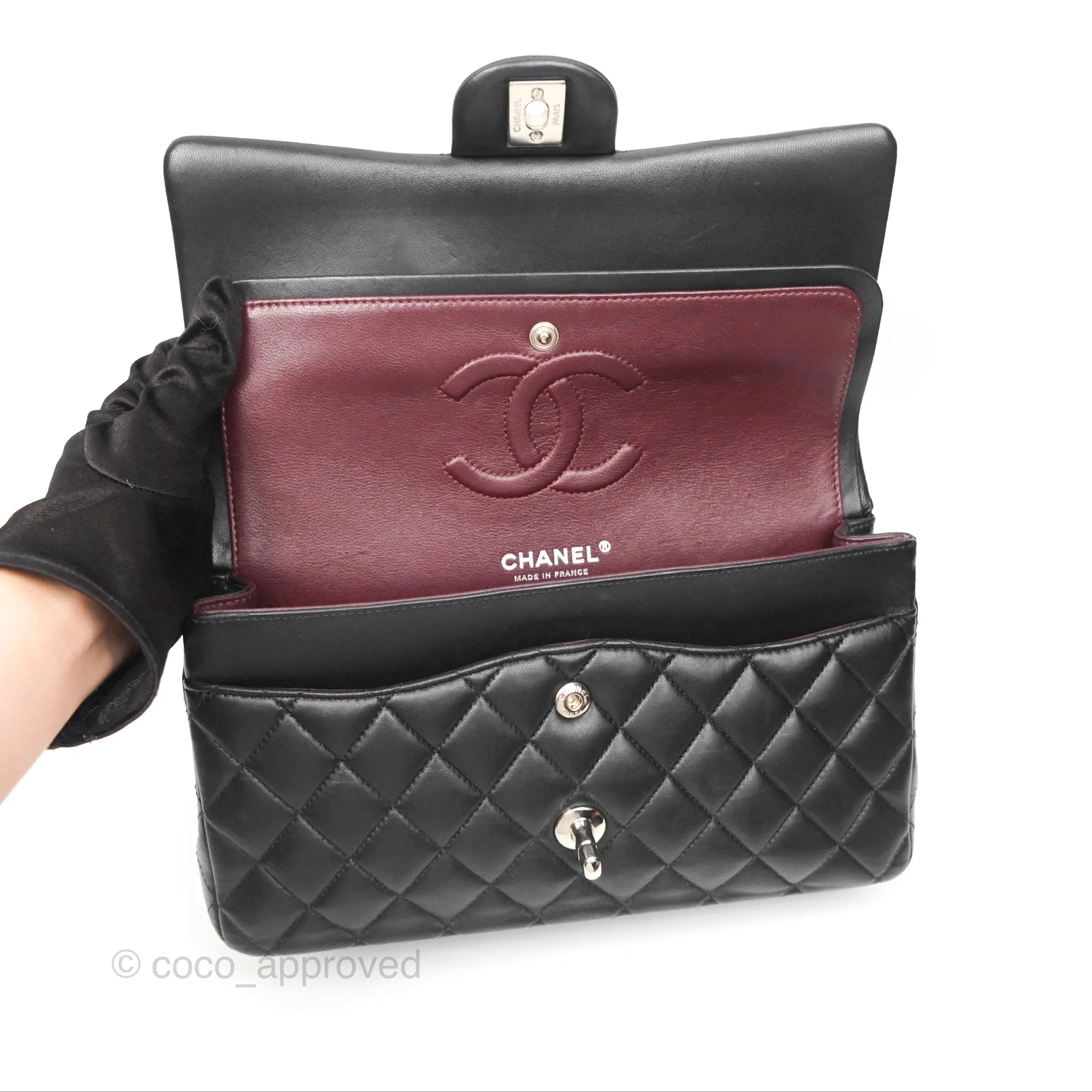 Chanel Classic M/L Medium Flap Quilted Black Lambskin Silver Hardware
