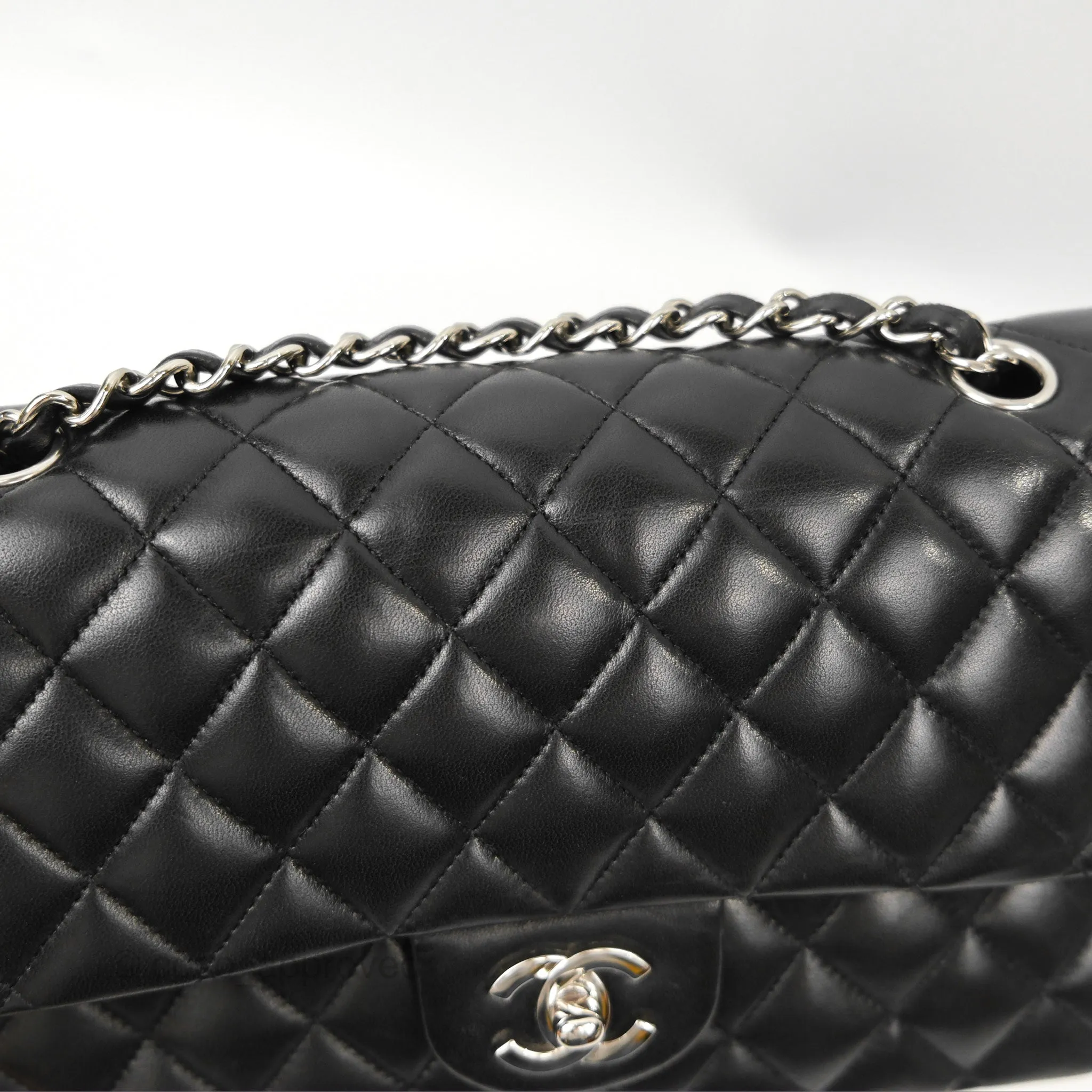 Chanel Classic M/L Medium Flap Quilted Black Lambskin Silver Hardware