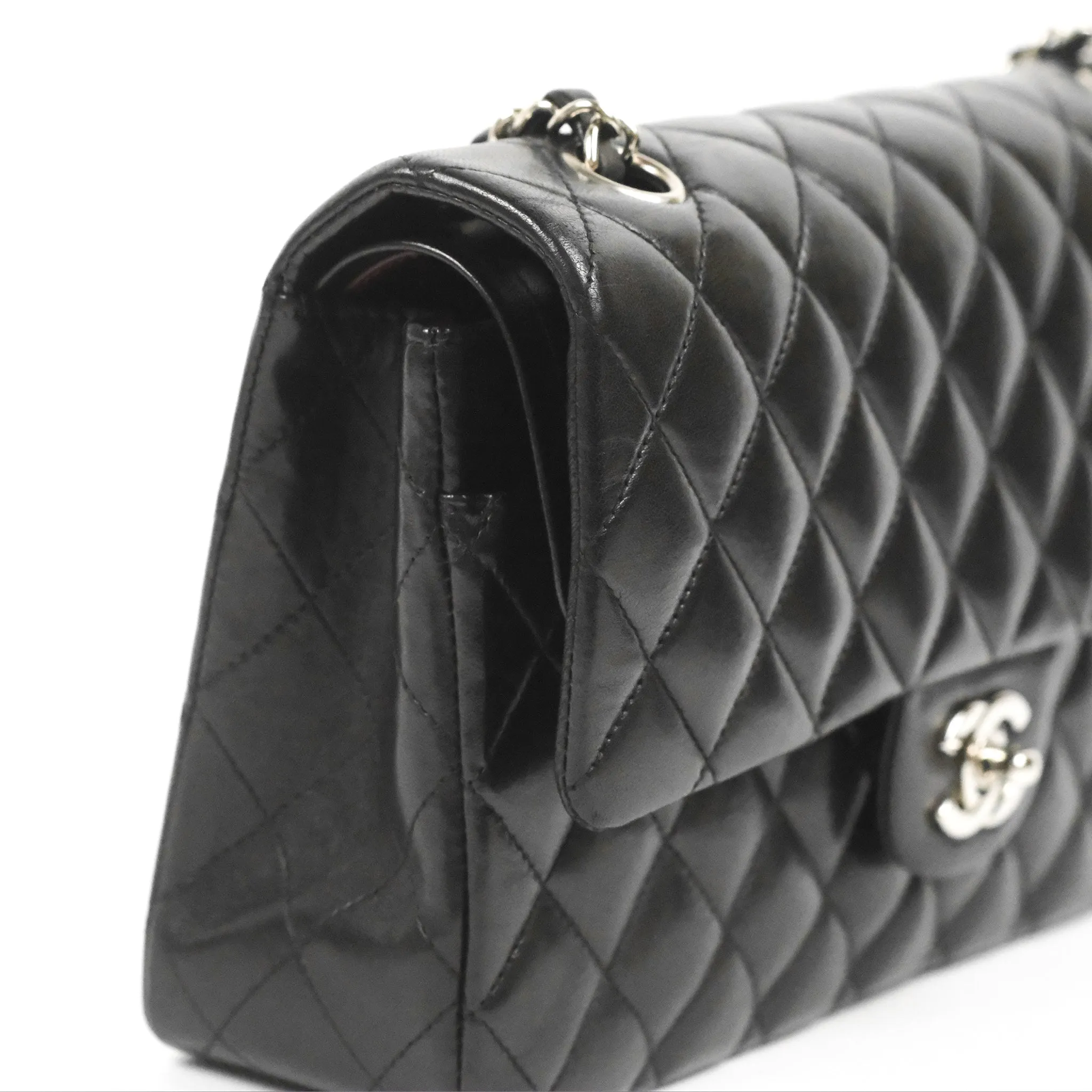 Chanel Classic M/L Medium Flap Quilted Black Lambskin Silver Hardware