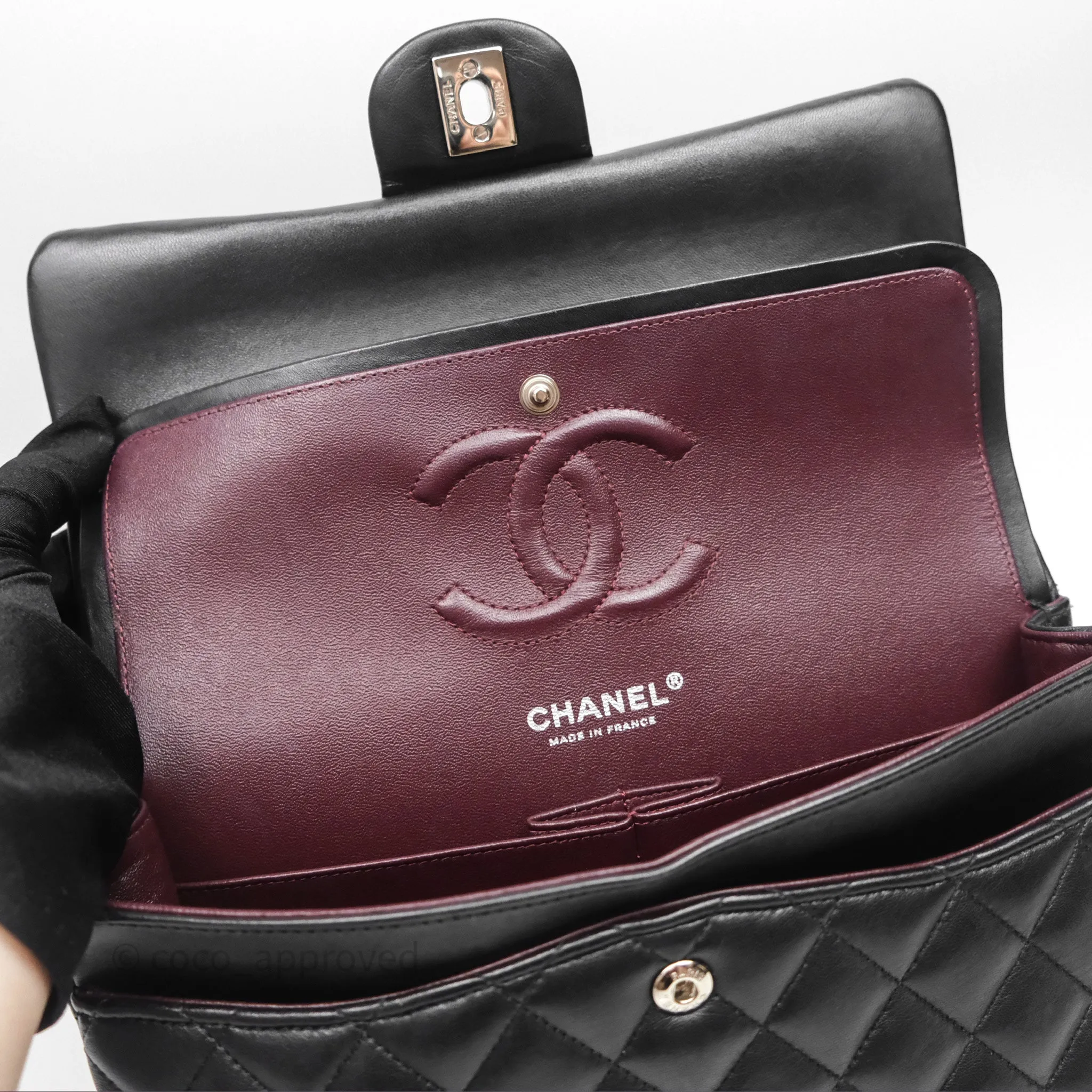 Chanel Classic M/L Medium Flap Quilted Black Lambskin Silver Hardware