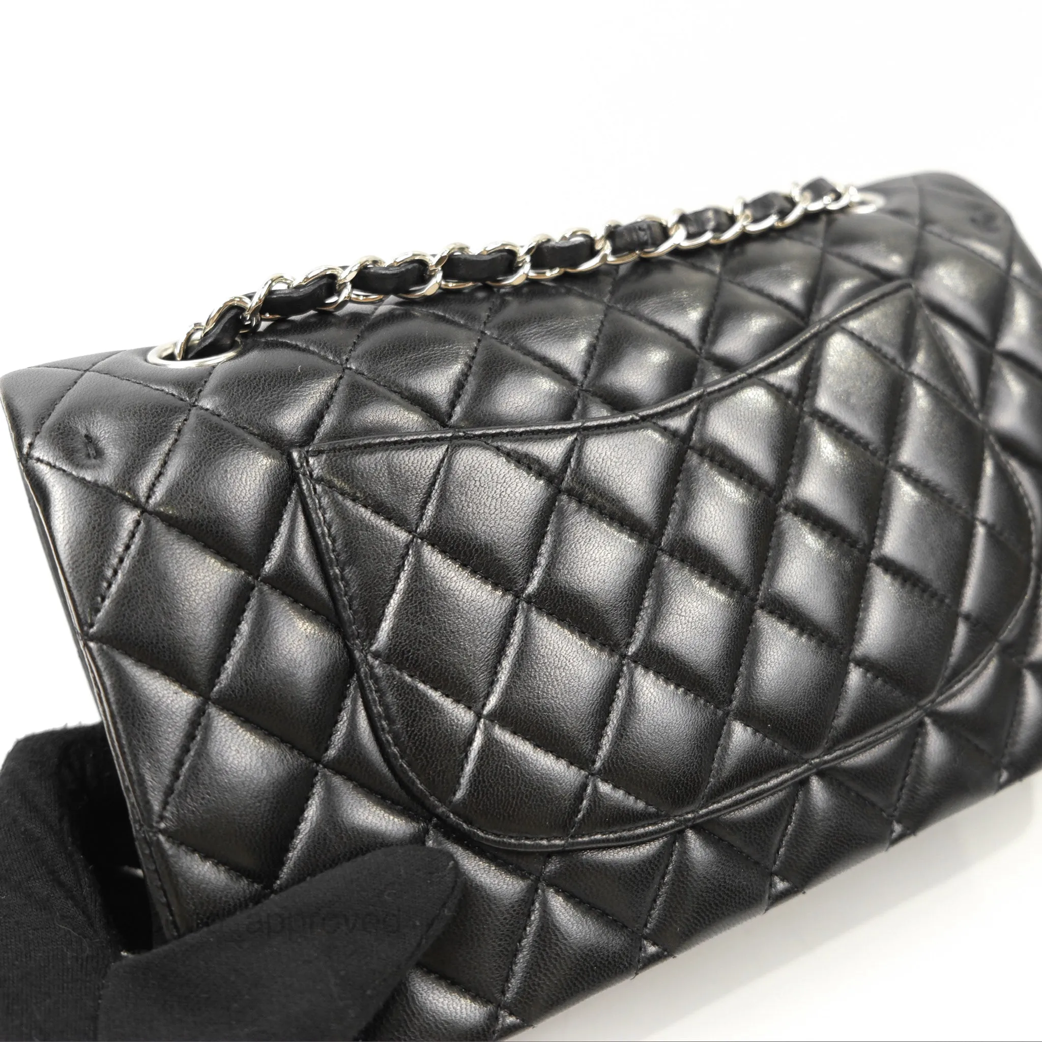 Chanel Classic M/L Medium Flap Quilted Black Lambskin Silver Hardware