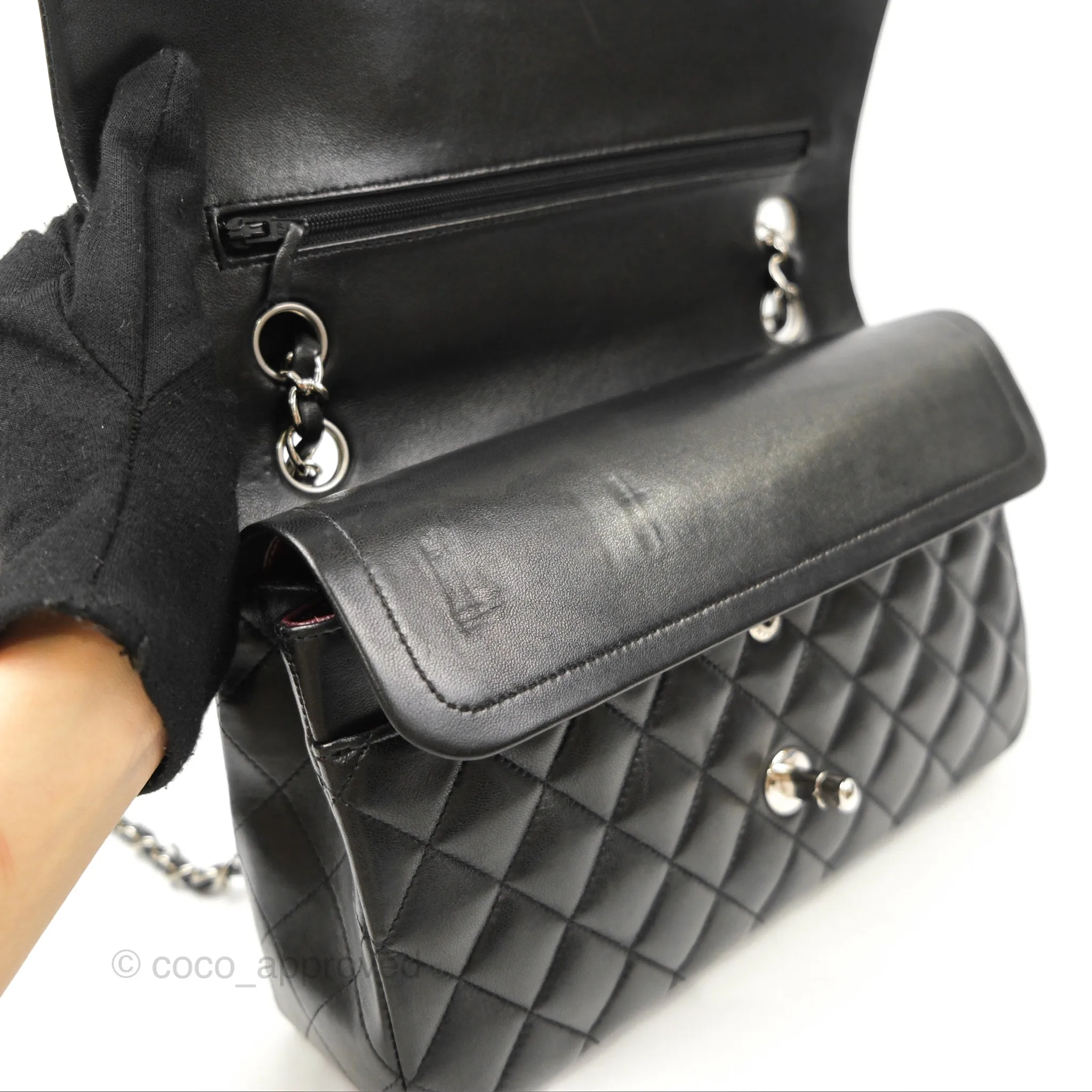 Chanel Classic M/L Medium Flap Quilted Black Lambskin Silver Hardware