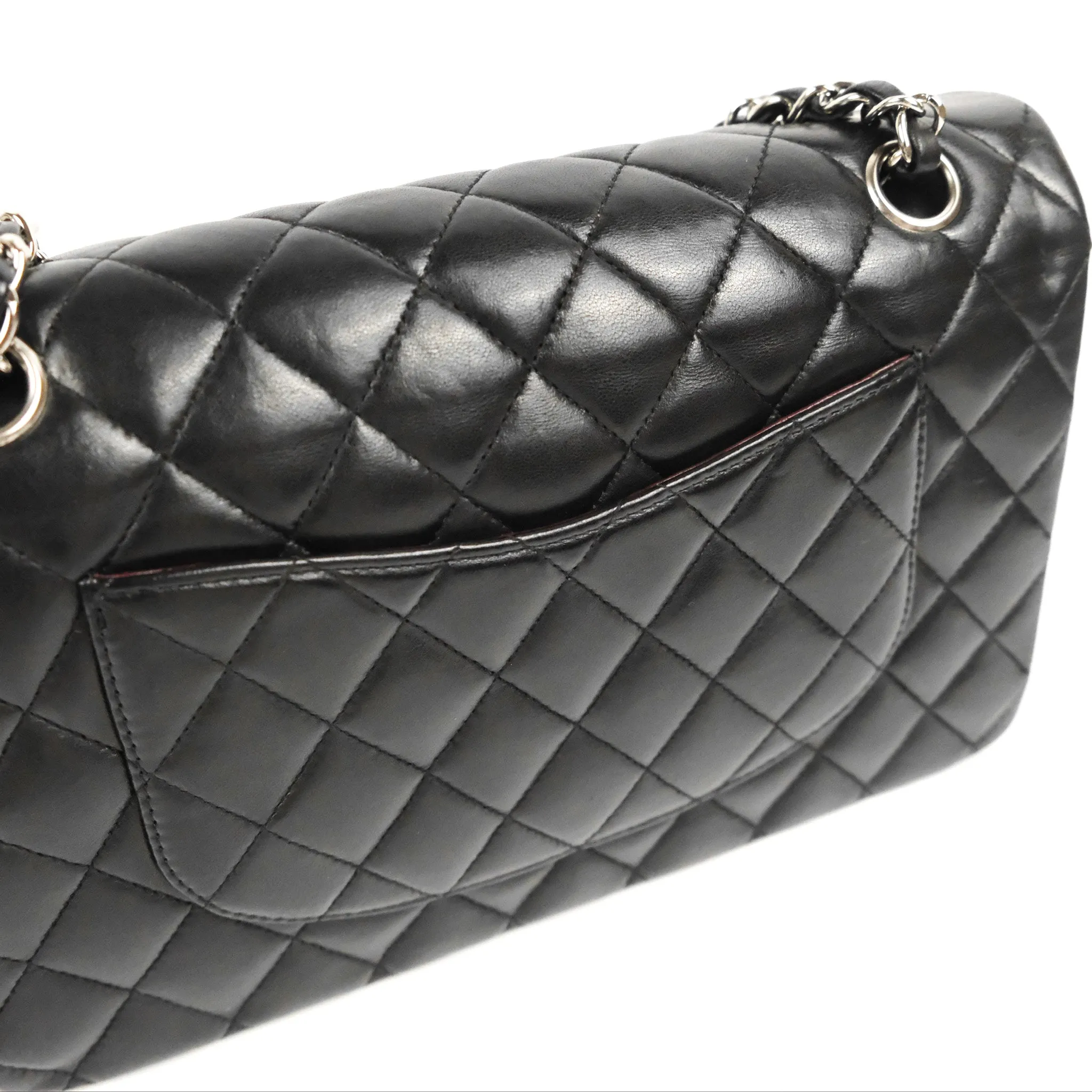 Chanel Classic M/L Medium Flap Quilted Black Lambskin Silver Hardware