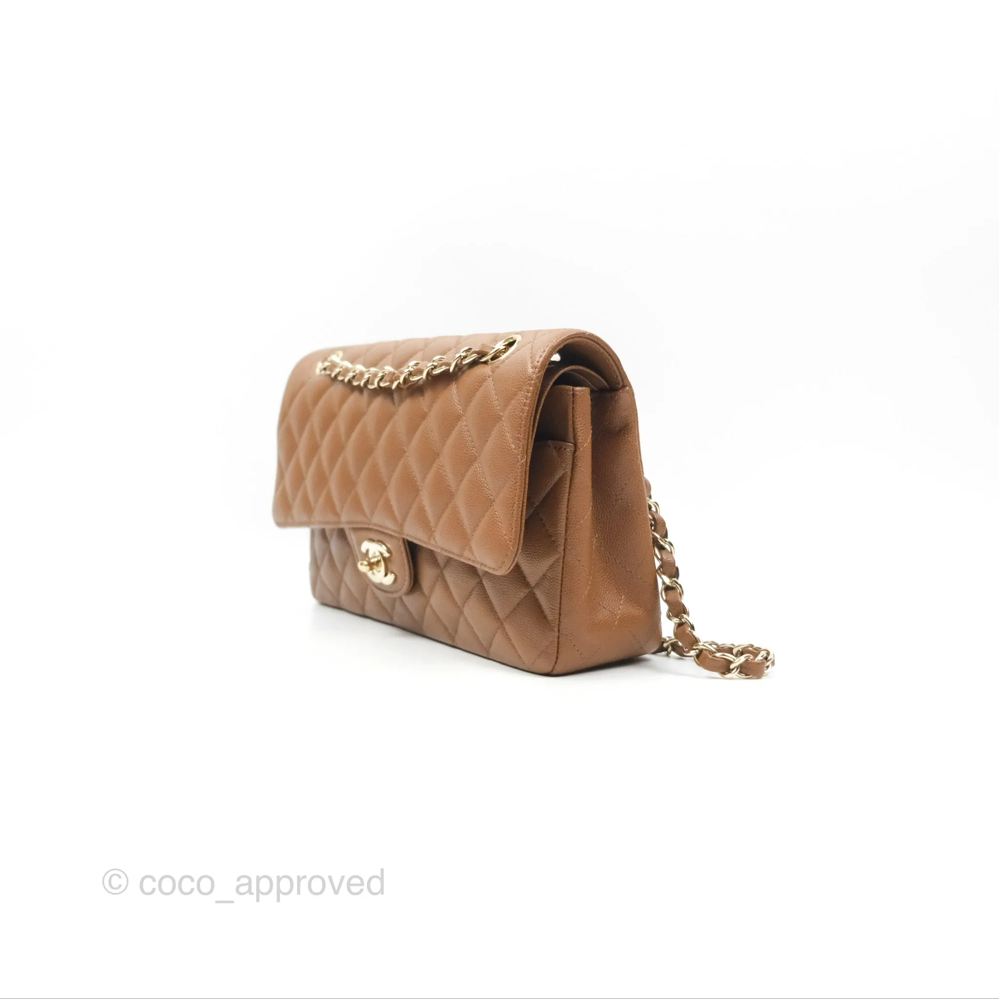 Chanel Classic M/L Medium Flap Quilted Brown Caviar Gold Hardware 17C
