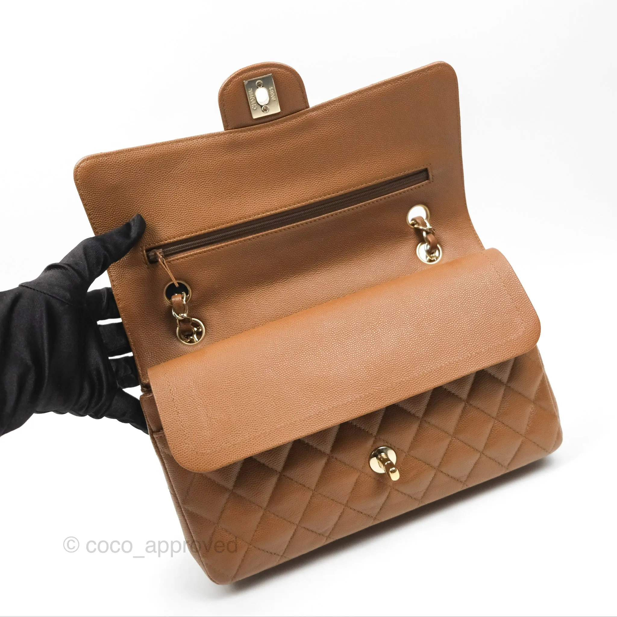 Chanel Classic M/L Medium Flap Quilted Brown Caviar Gold Hardware 17C
