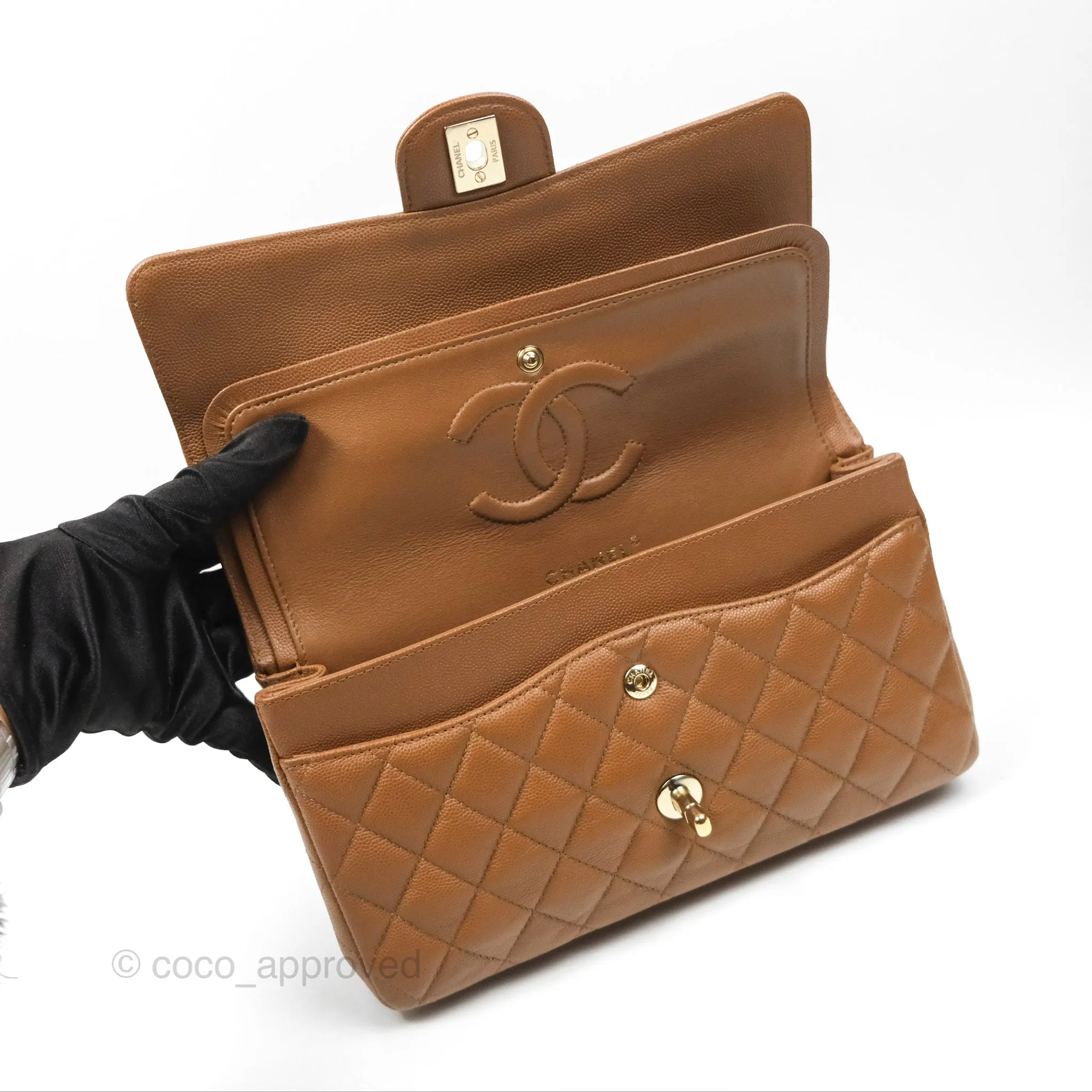 Chanel Classic M/L Medium Flap Quilted Brown Caviar Gold Hardware 17C
