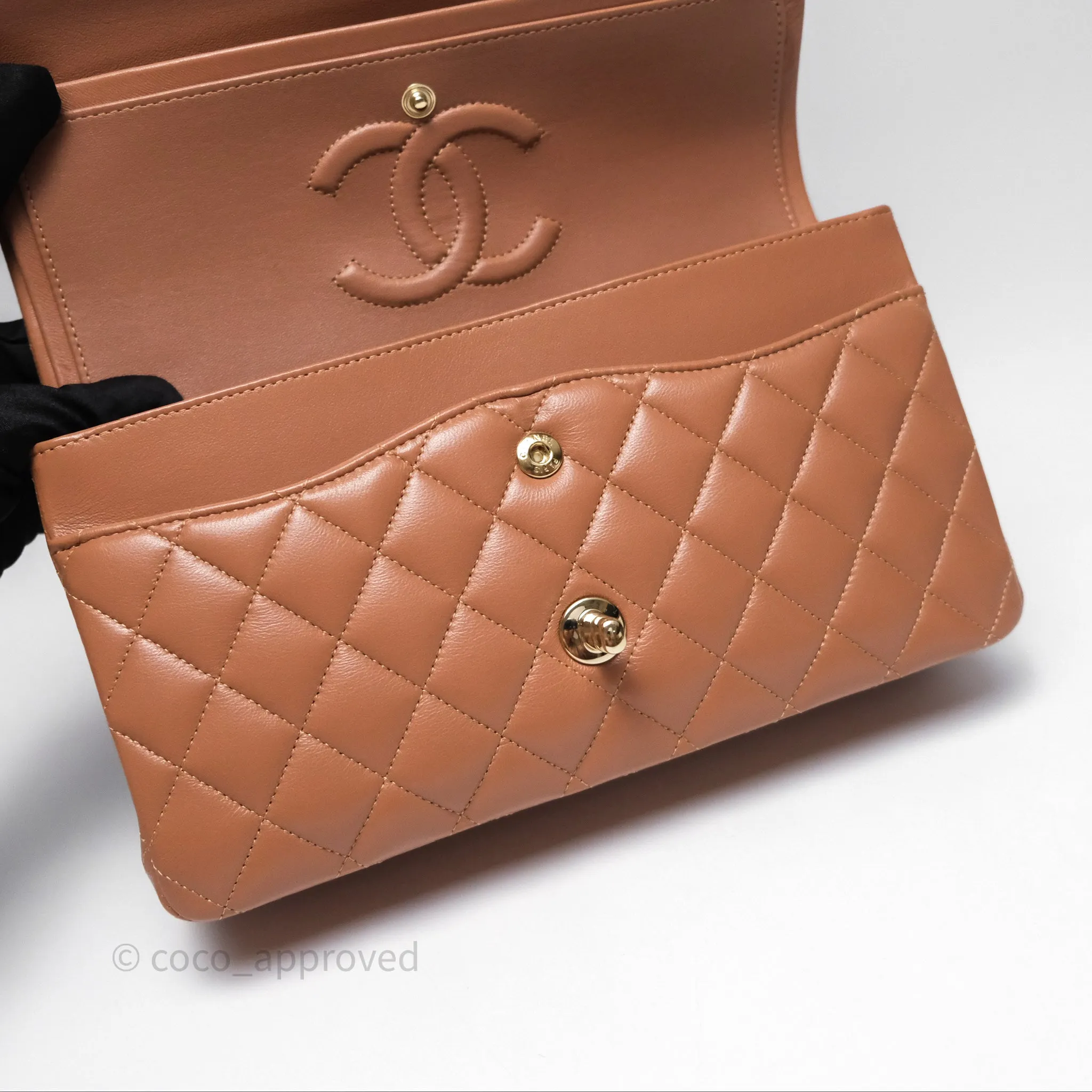 Chanel Classic M/L Medium Flap Quilted Dark Beige Caramel Lambskin Gold Hardware