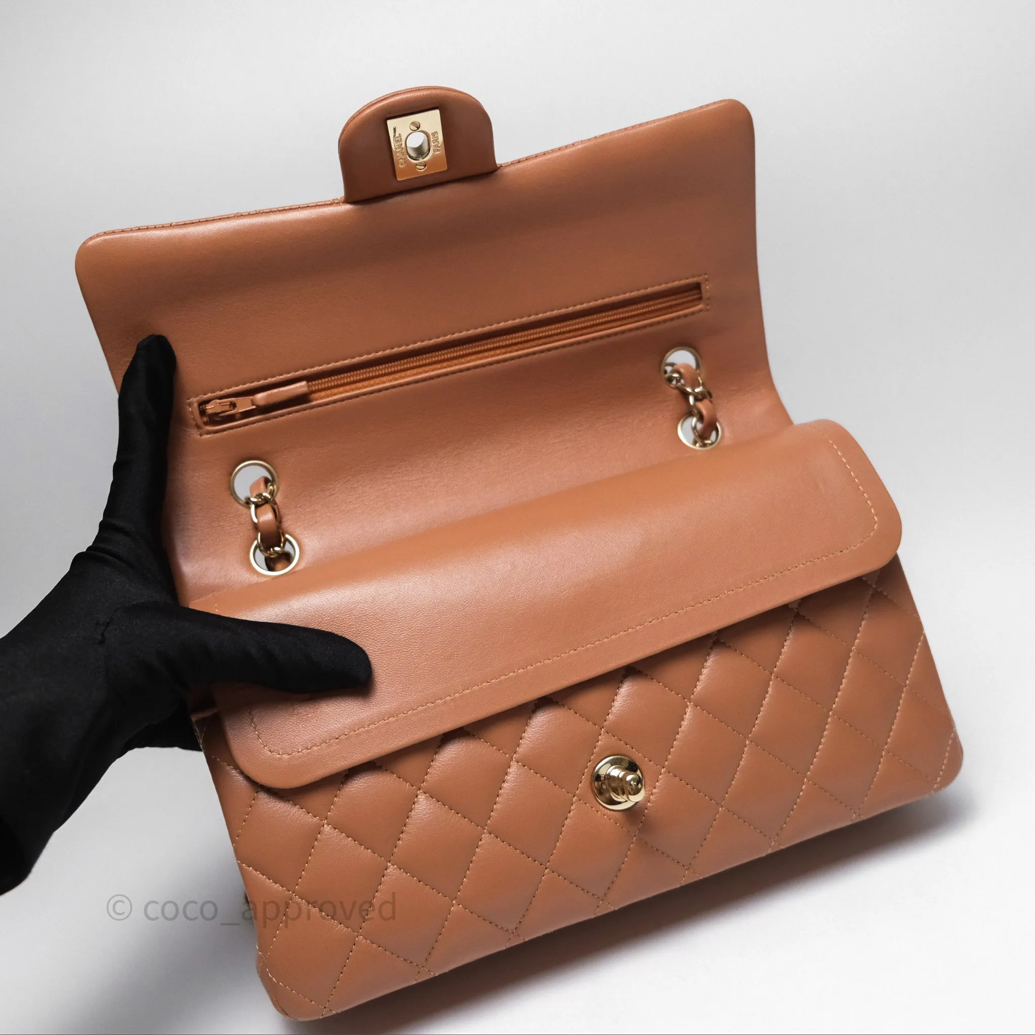 Chanel Classic M/L Medium Flap Quilted Dark Beige Caramel Lambskin Gold Hardware