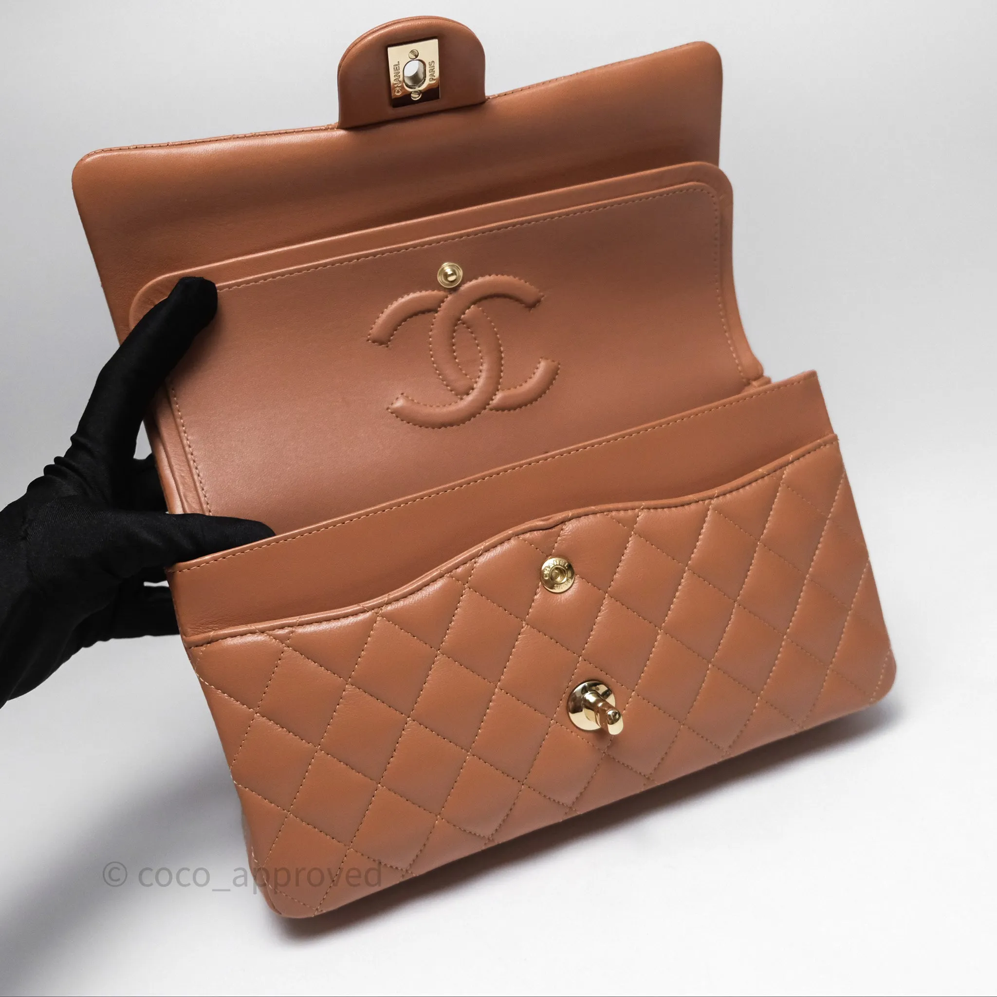 Chanel Classic M/L Medium Flap Quilted Dark Beige Caramel Lambskin Gold Hardware