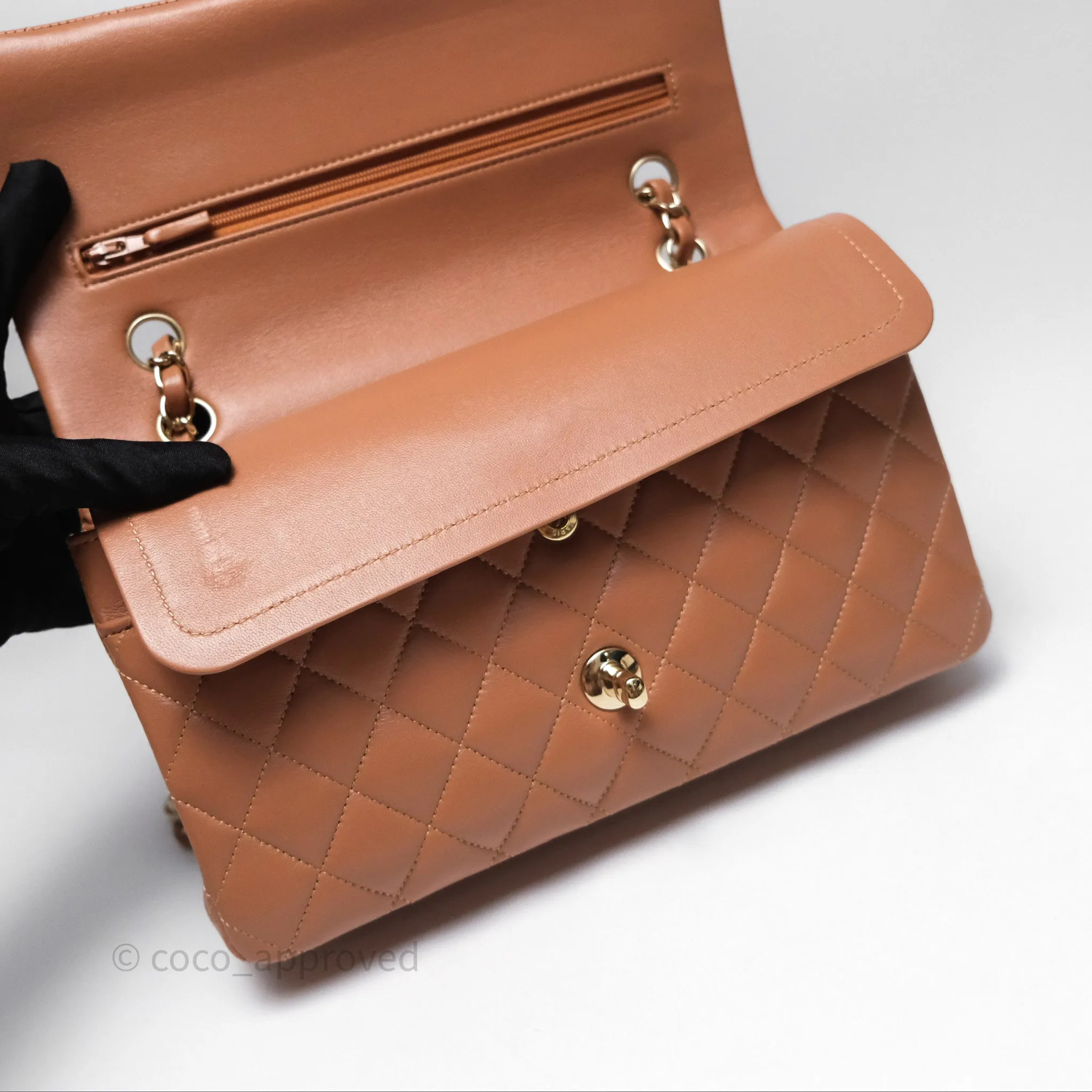 Chanel Classic M/L Medium Flap Quilted Dark Beige Caramel Lambskin Gold Hardware