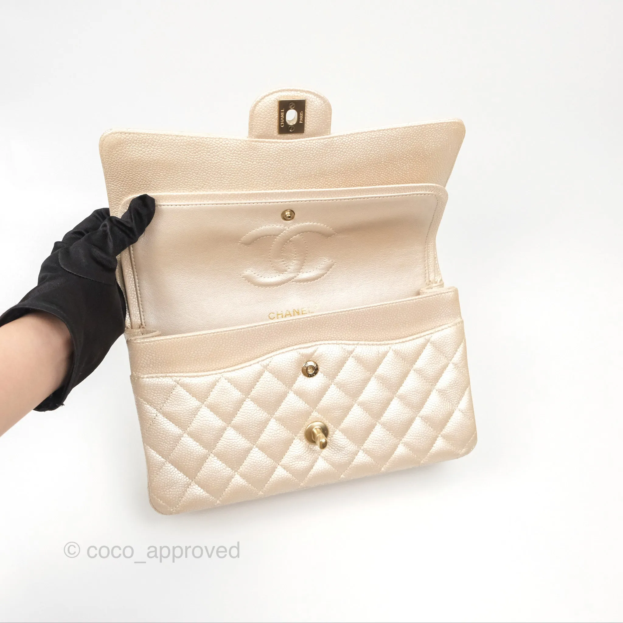 Chanel Classic M/L Medium Flap Quilted Pearly Ivory Beige Caviar Matte Gold Hardware 12P
