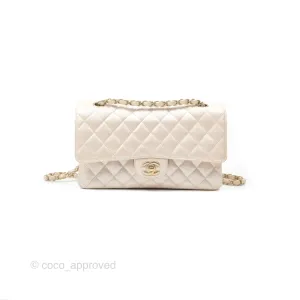 Chanel Classic M/L Medium Flap Quilted Pearly Ivory Beige Caviar Matte Gold Hardware 12P