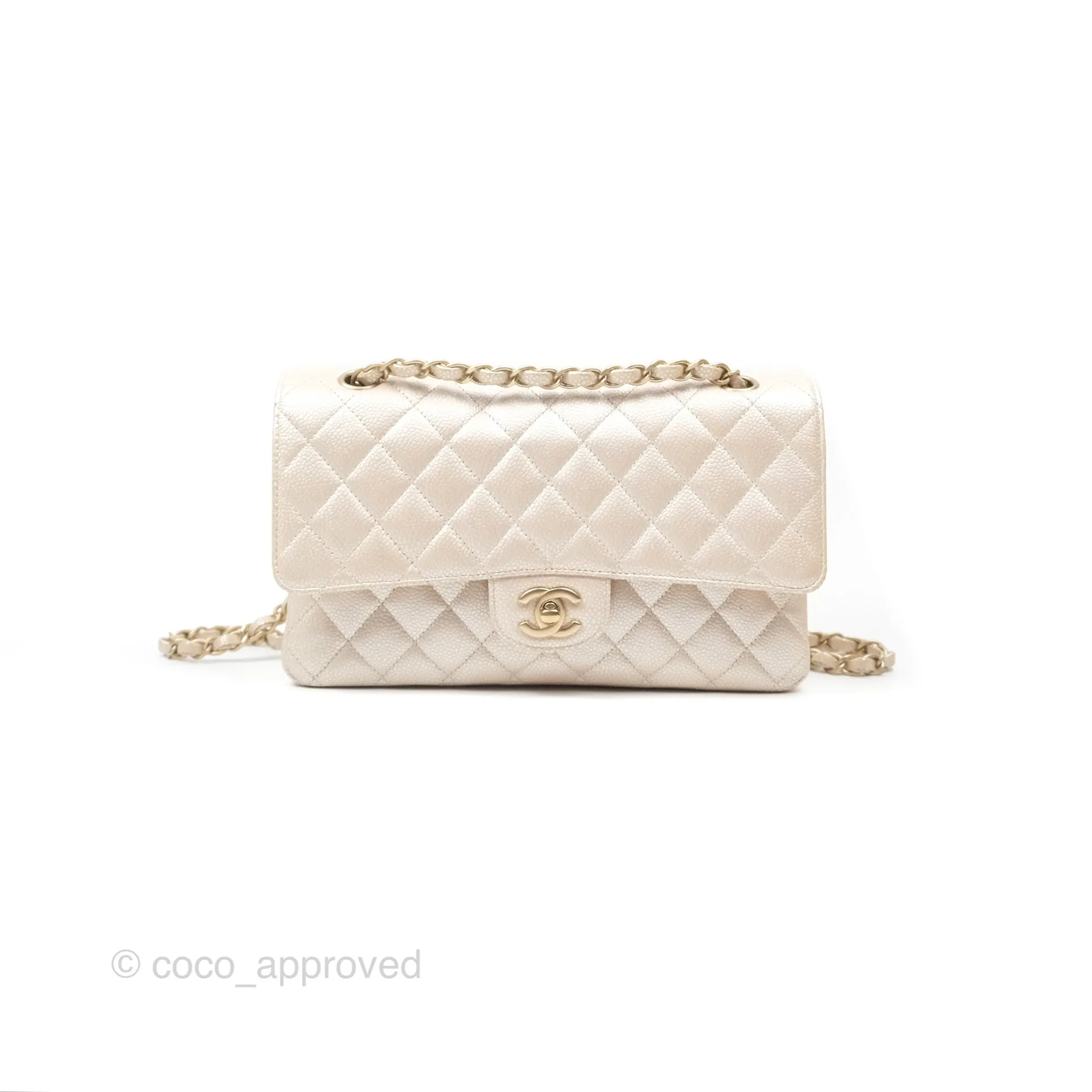 Chanel Classic M/L Medium Flap Quilted Pearly Ivory Beige Caviar Matte Gold Hardware 12P