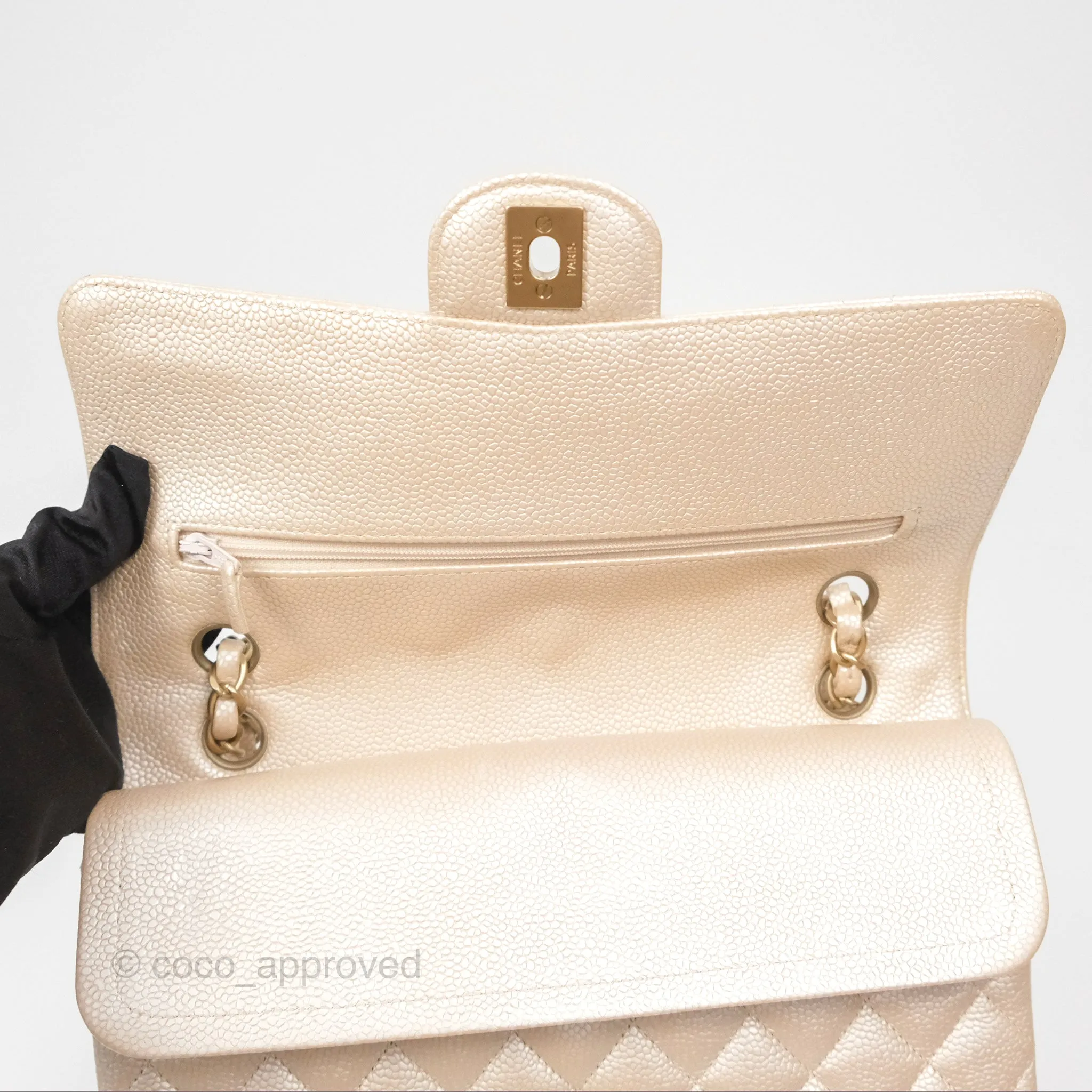 Chanel Classic M/L Medium Flap Quilted Pearly Ivory Beige Caviar Matte Gold Hardware 12P