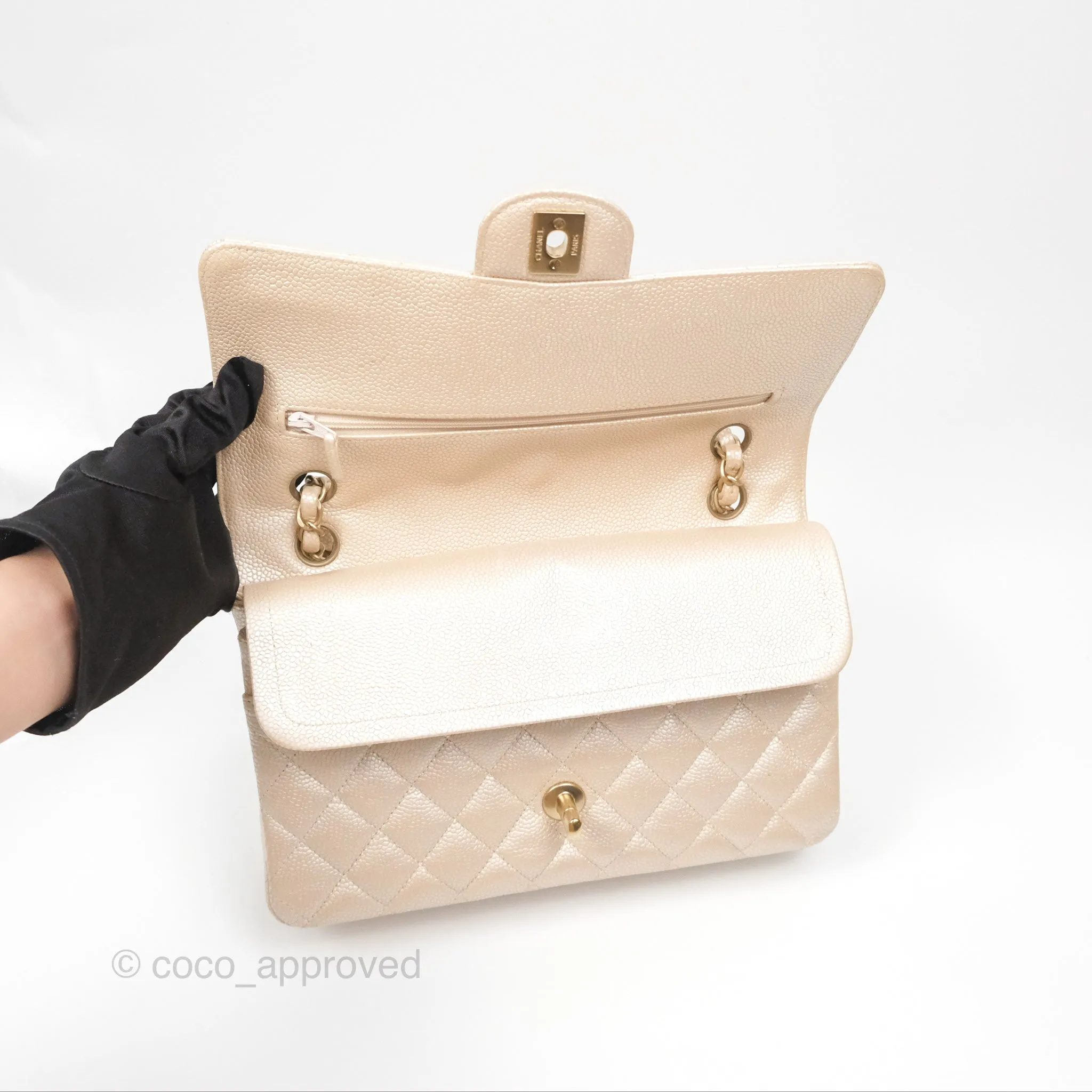 Chanel Classic M/L Medium Flap Quilted Pearly Ivory Beige Caviar Matte Gold Hardware 12P