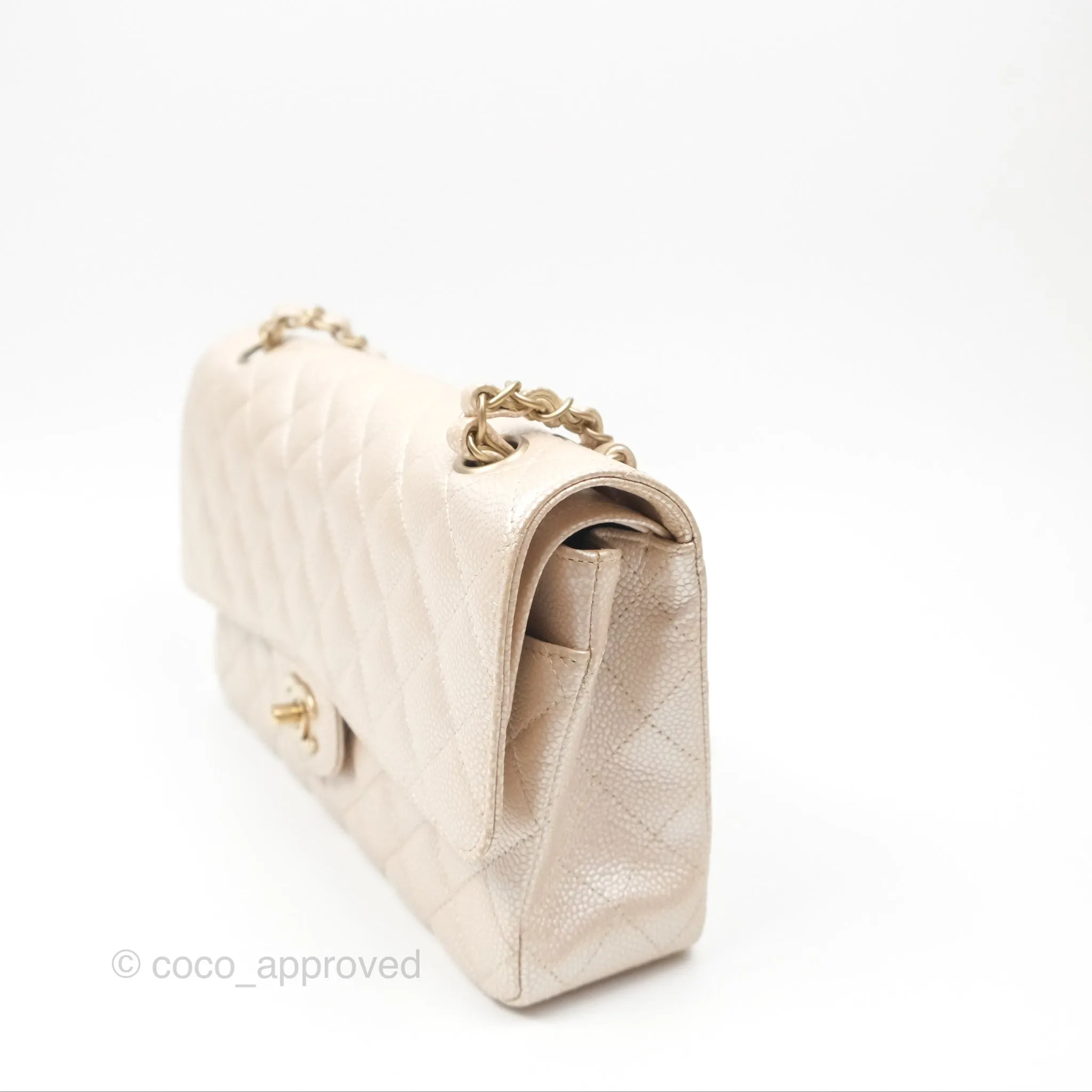 Chanel Classic M/L Medium Flap Quilted Pearly Ivory Beige Caviar Matte Gold Hardware 12P