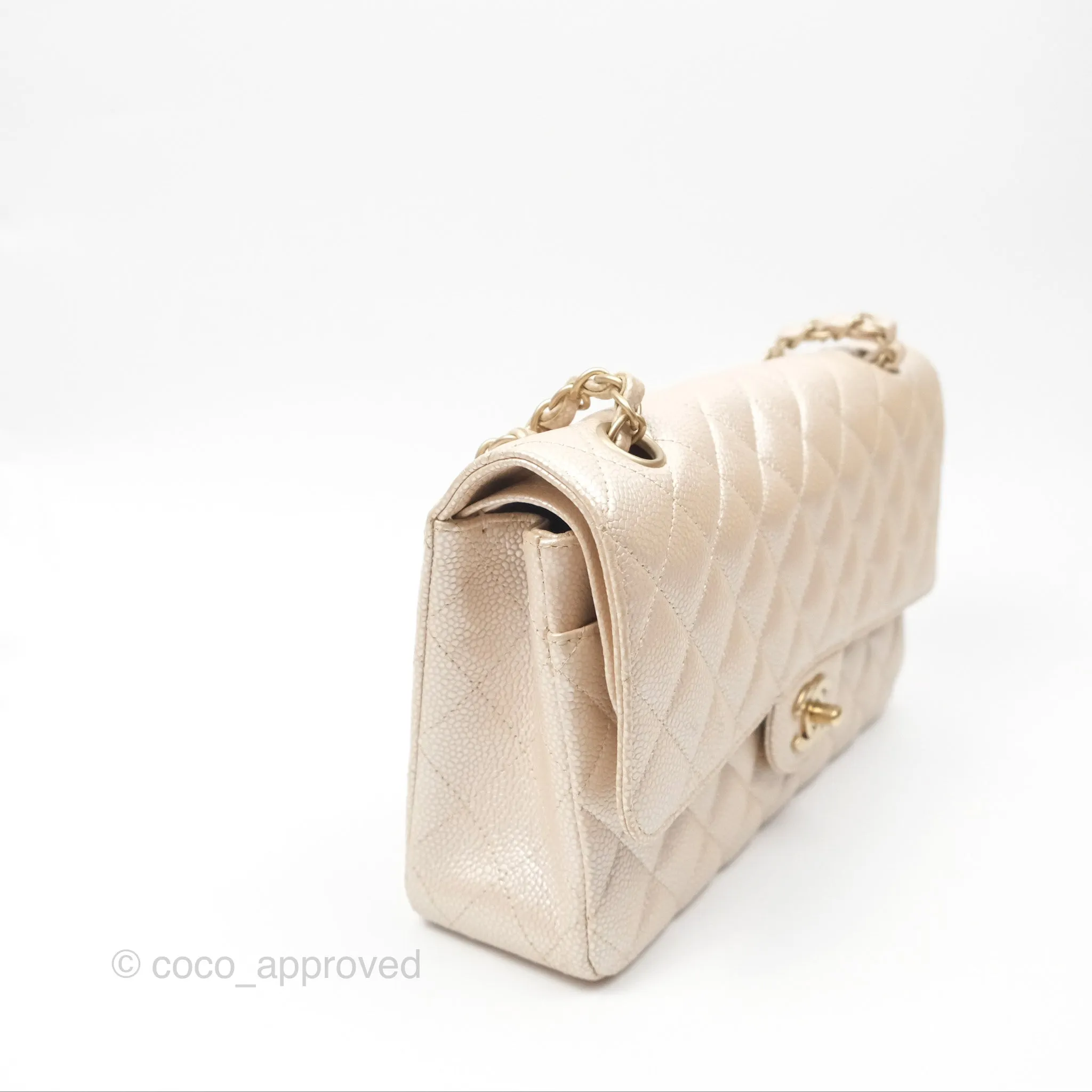 Chanel Classic M/L Medium Flap Quilted Pearly Ivory Beige Caviar Matte Gold Hardware 12P