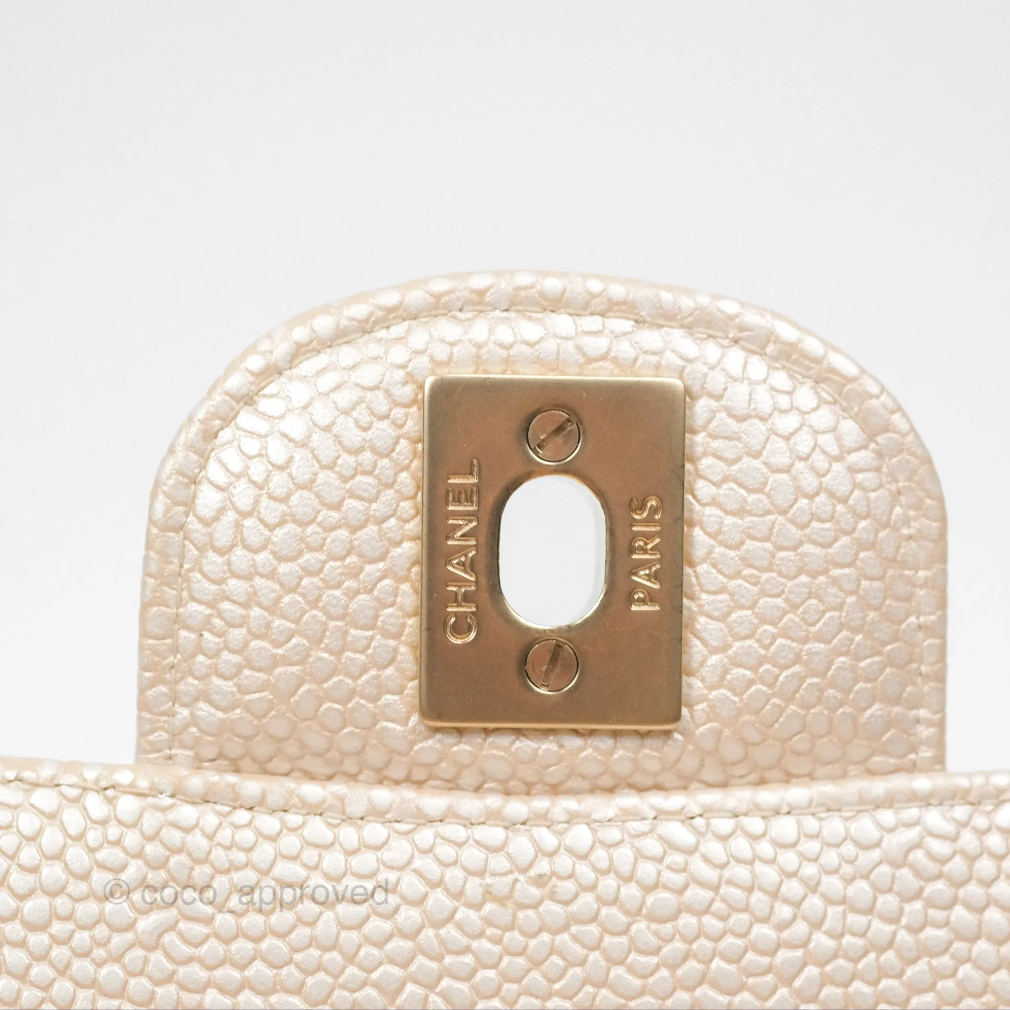 Chanel Classic M/L Medium Flap Quilted Pearly Ivory Beige Caviar Matte Gold Hardware 12P
