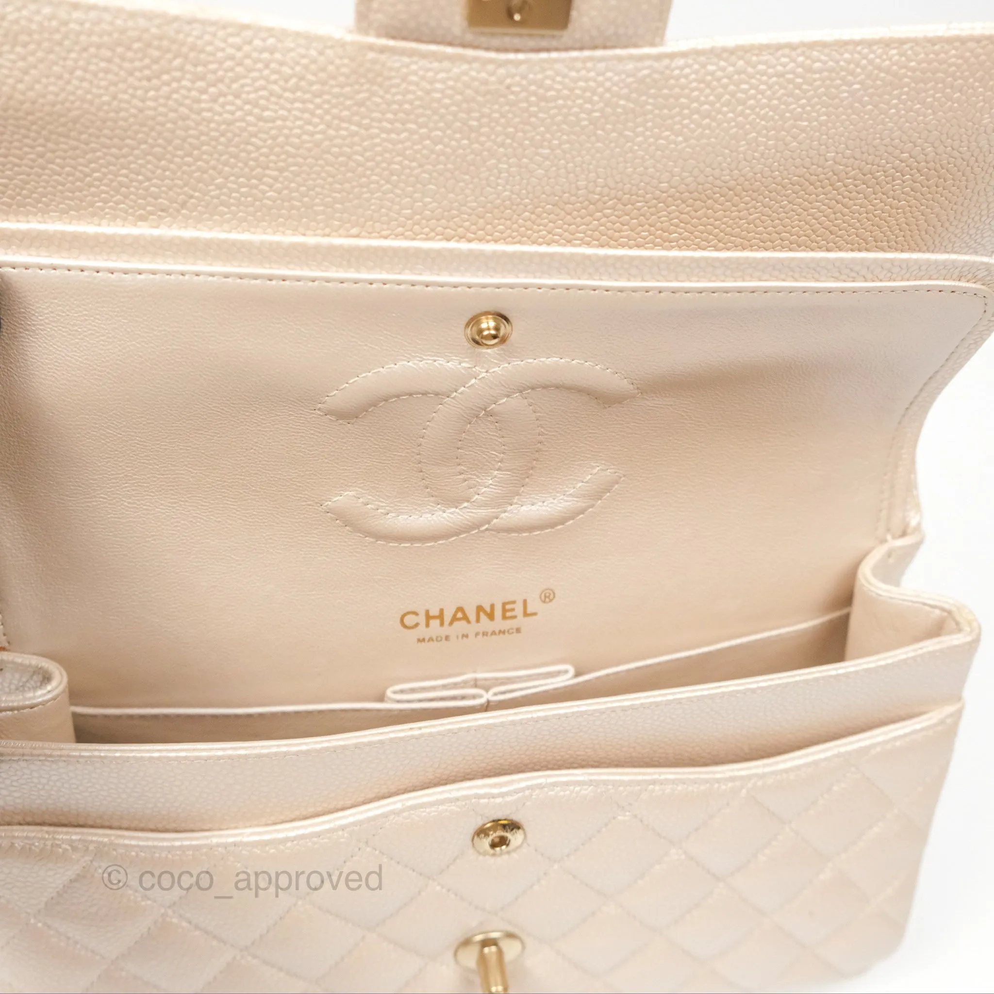 Chanel Classic M/L Medium Flap Quilted Pearly Ivory Beige Caviar Matte Gold Hardware 12P