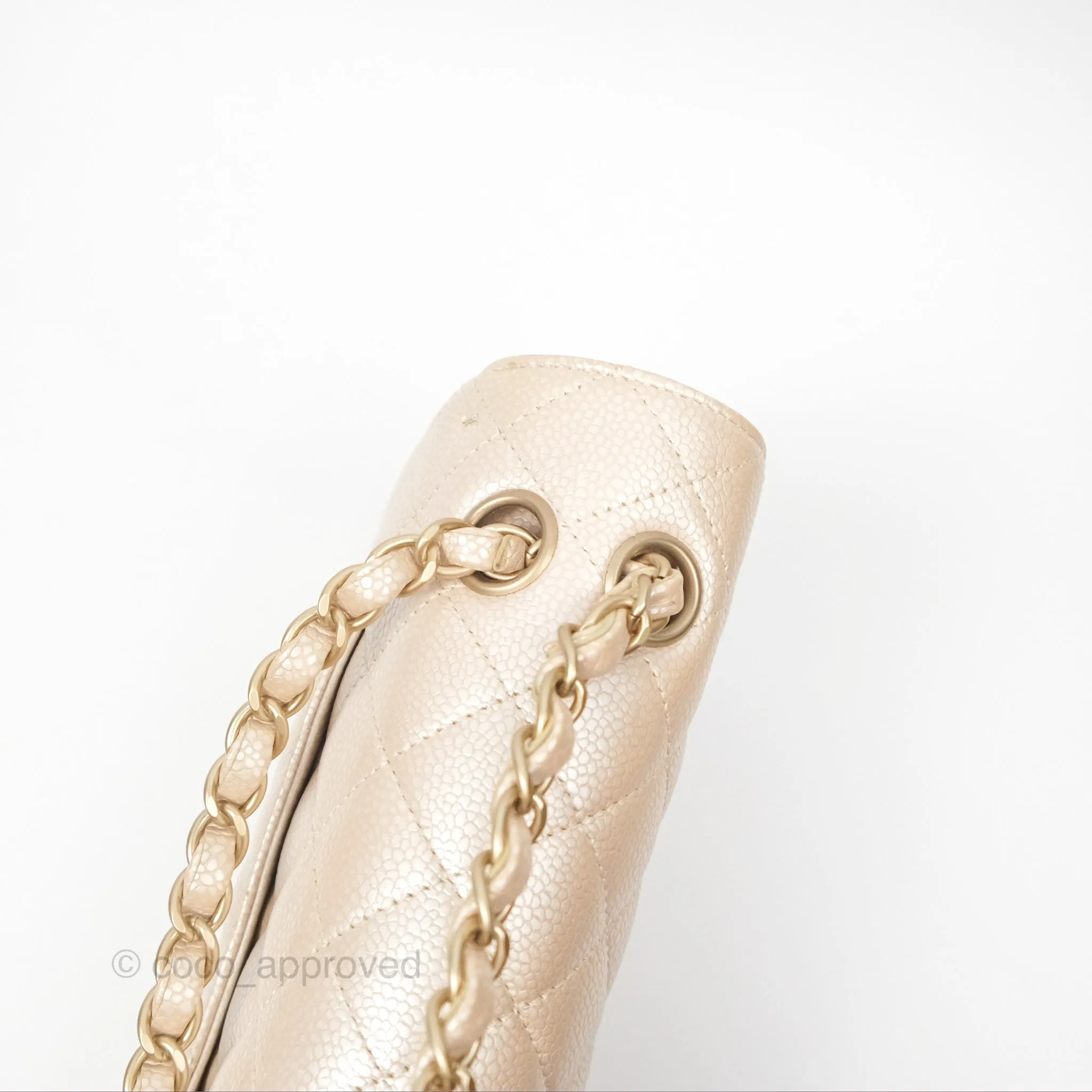 Chanel Classic M/L Medium Flap Quilted Pearly Ivory Beige Caviar Matte Gold Hardware 12P