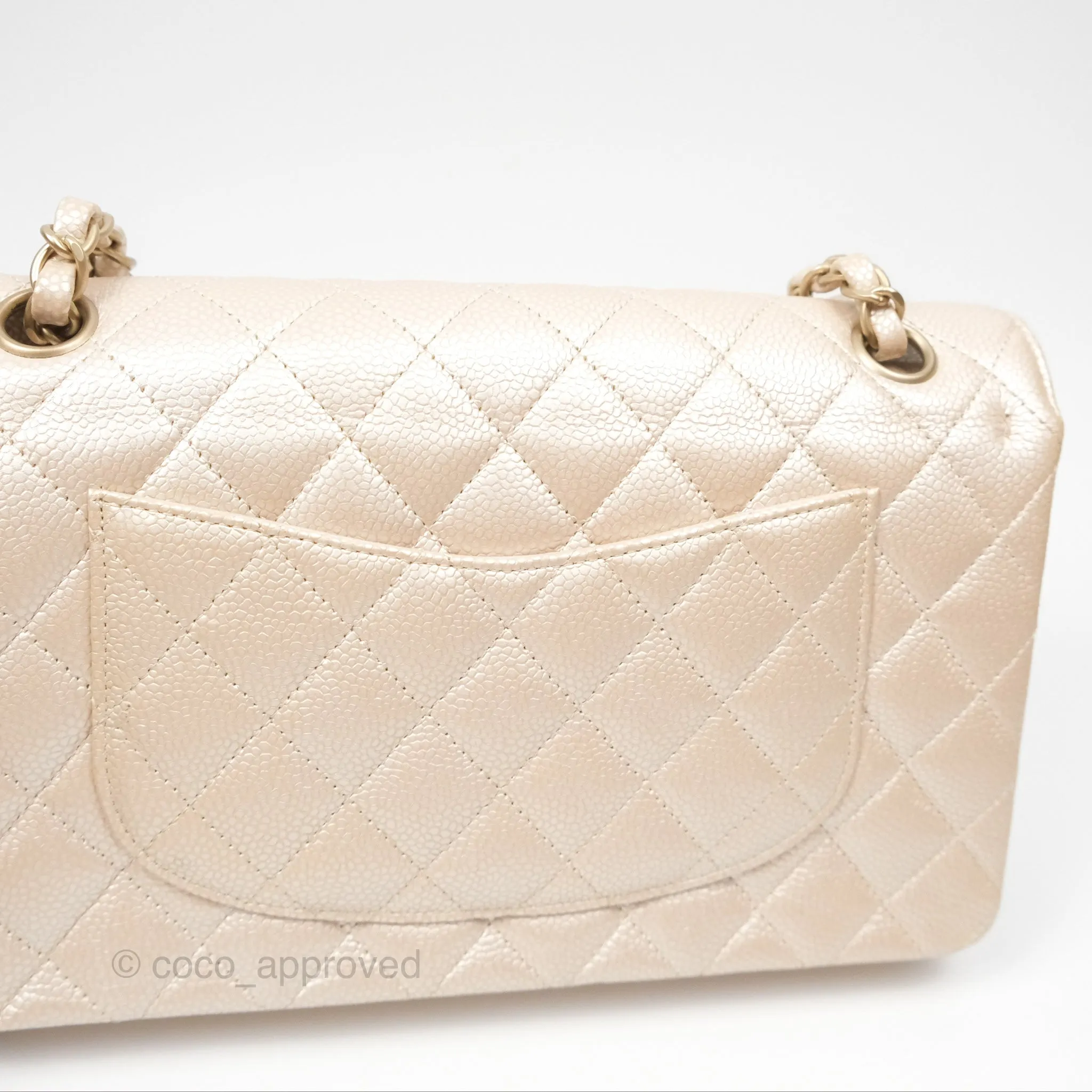 Chanel Classic M/L Medium Flap Quilted Pearly Ivory Beige Caviar Matte Gold Hardware 12P