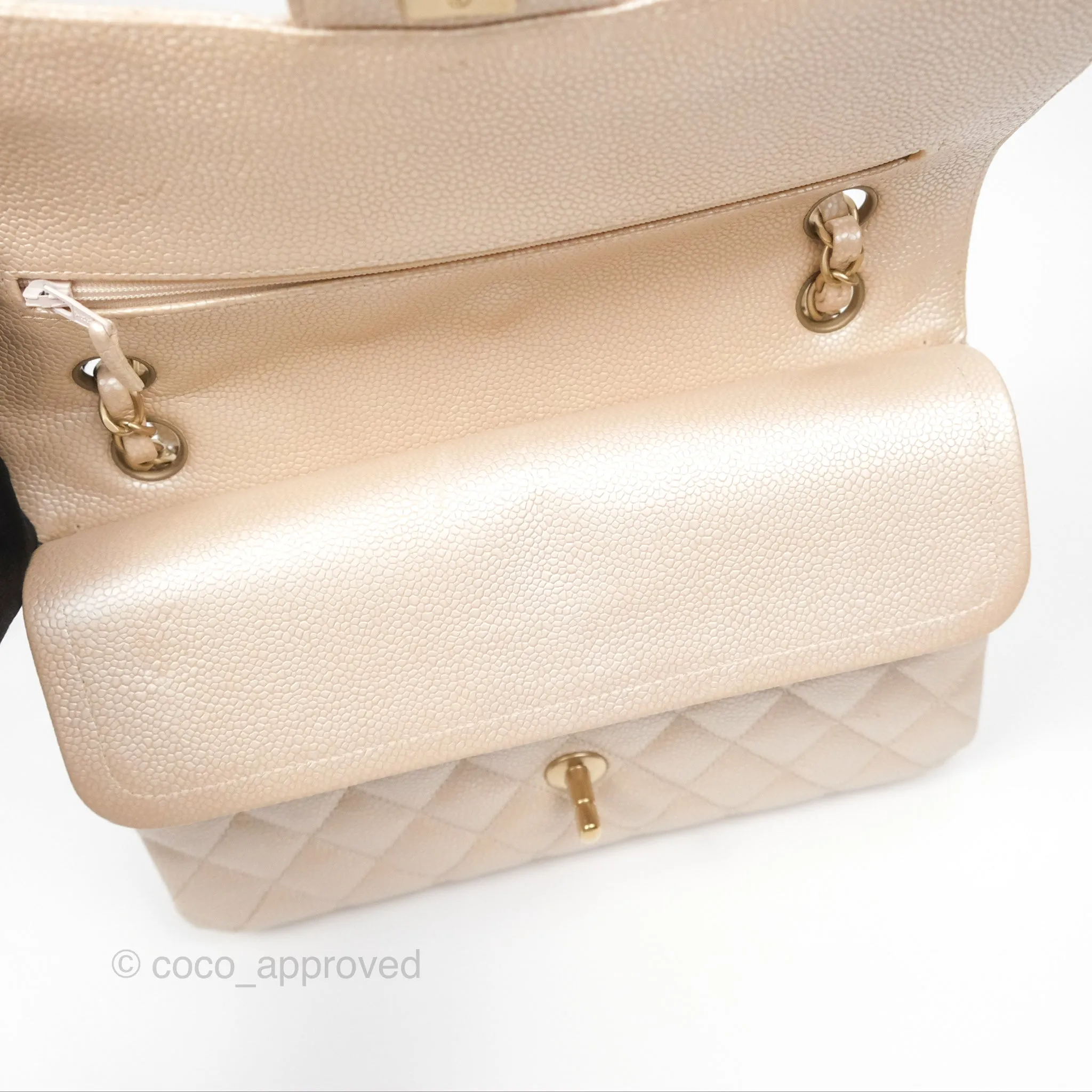 Chanel Classic M/L Medium Flap Quilted Pearly Ivory Beige Caviar Matte Gold Hardware 12P