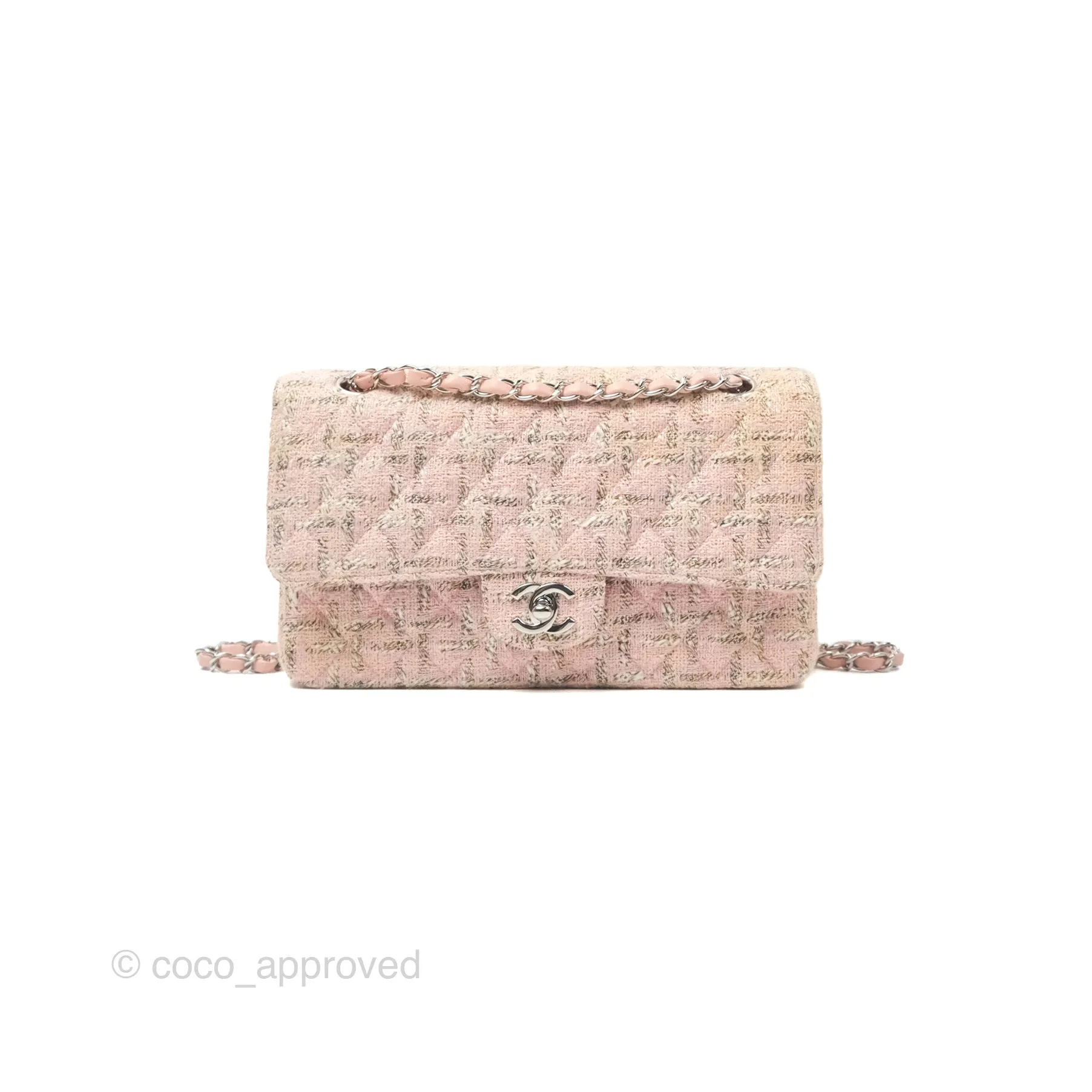 Chanel Classic M/L Medium Flap Quilted Pink Tweed Silver Hardware