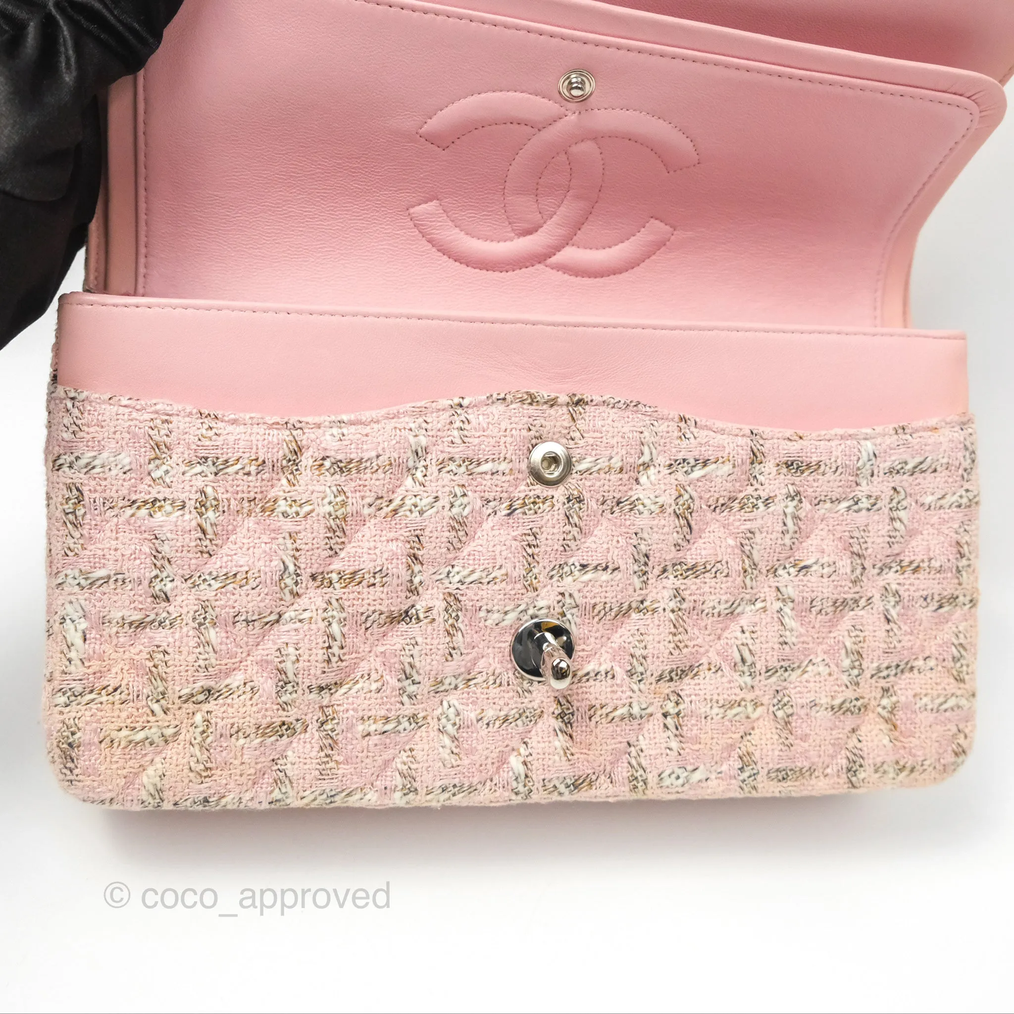 Chanel Classic M/L Medium Flap Quilted Pink Tweed Silver Hardware