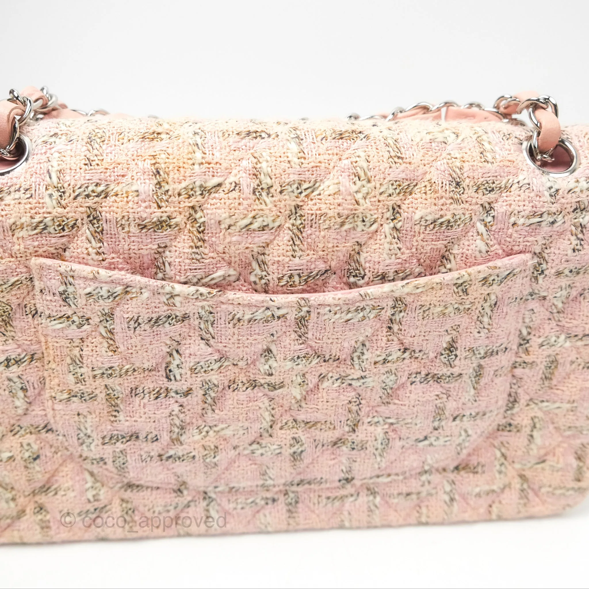 Chanel Classic M/L Medium Flap Quilted Pink Tweed Silver Hardware