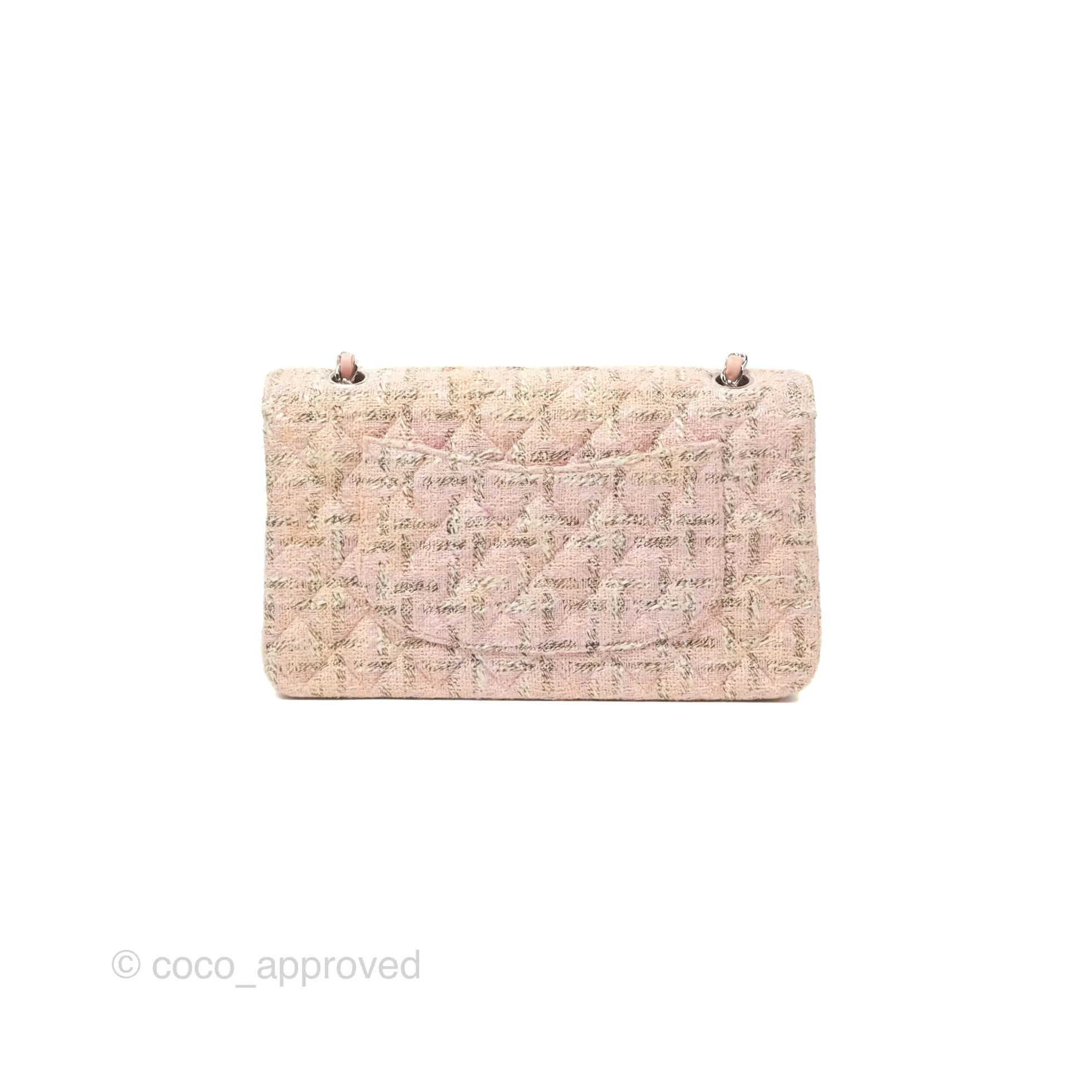 Chanel Classic M/L Medium Flap Quilted Pink Tweed Silver Hardware
