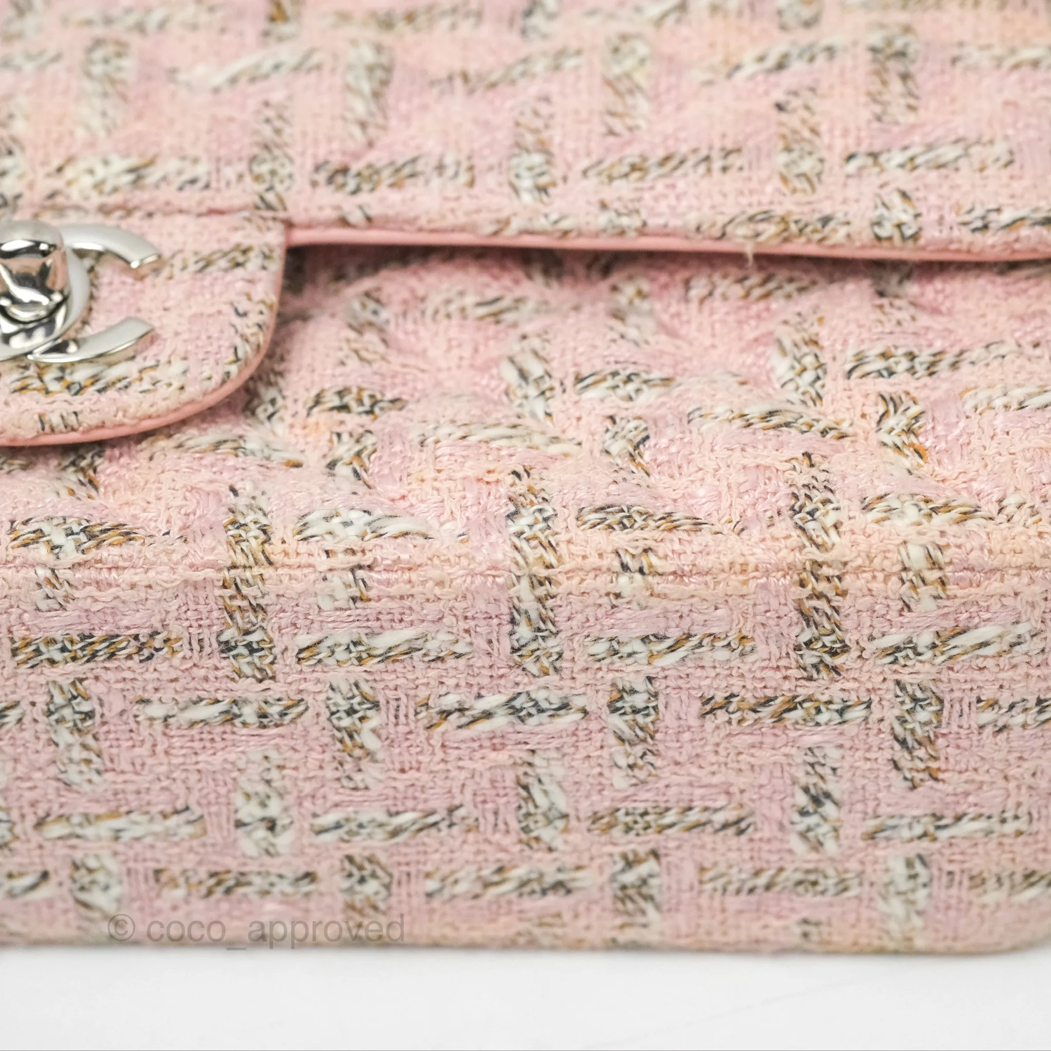 Chanel Classic M/L Medium Flap Quilted Pink Tweed Silver Hardware