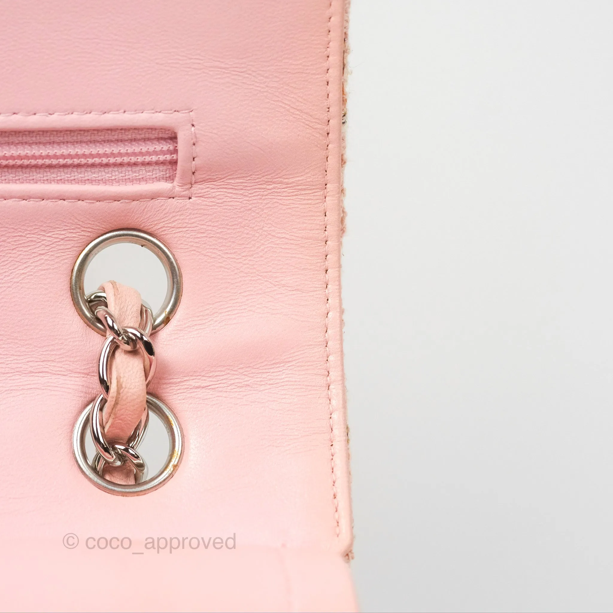 Chanel Classic M/L Medium Flap Quilted Pink Tweed Silver Hardware